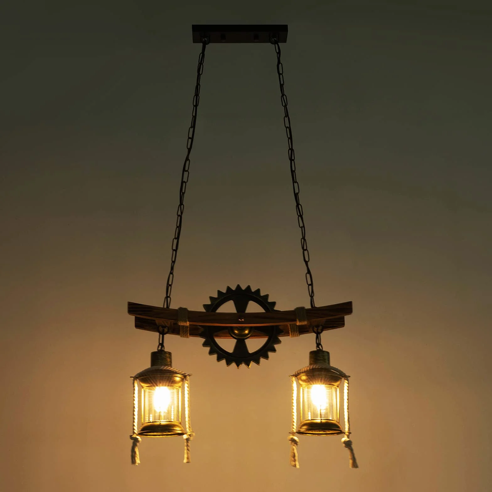 Lampa wisząca w stylu vintage, drewno, industrialny design, retro lampa wisząca z 2 płomieniami, lampa sufitowa E27, styl industrialny, lampa sufitowa do salonu, sypialni, kuchni, kawiarni i