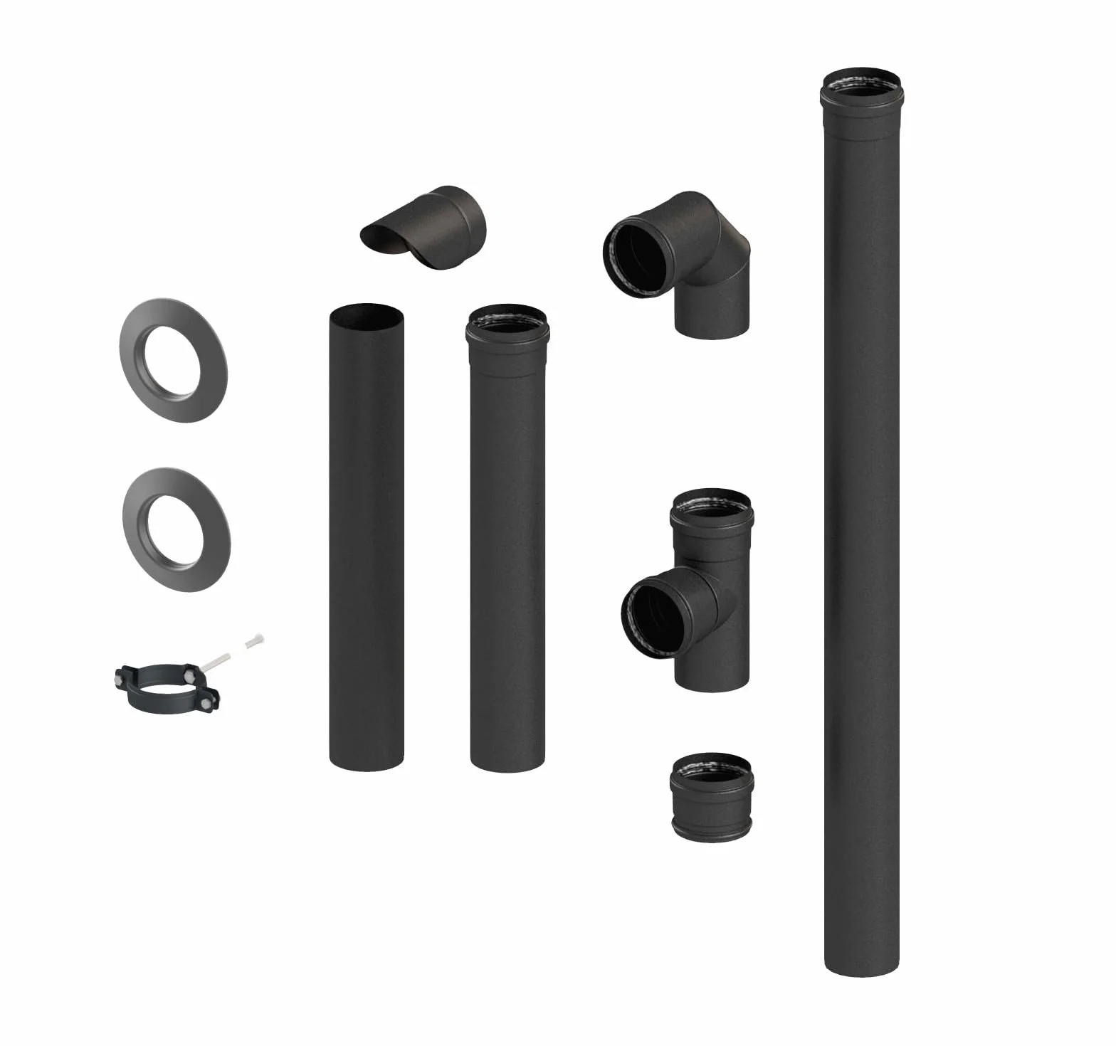 TYGERIX® Kompletny zestaw rur, łączników i akcesoriów do pieca na pellet 80 mm | Zestaw 10 elementów | Bardzo wysoka odporność na ciepło | Grubość 1,2 mm | Odporne na odkształcenia | Wyprodukowano we