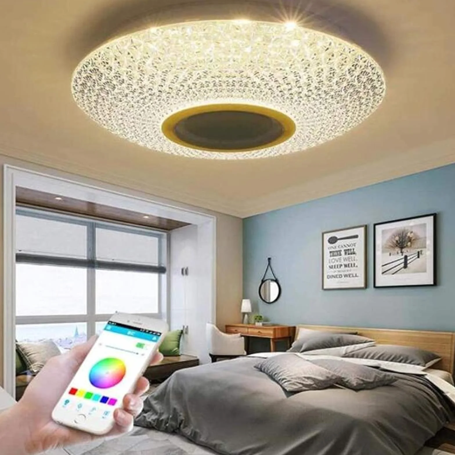 Kryształowa lampa sufitowa LED z pilotem zdalnego sterowania i aplikacją, nowoczesna lampa sufitowa RGB z 3 głośnikami Bluetooth, sypialnia, salon, łazienka, wodoodporny klosz z gwiaździstym niebem