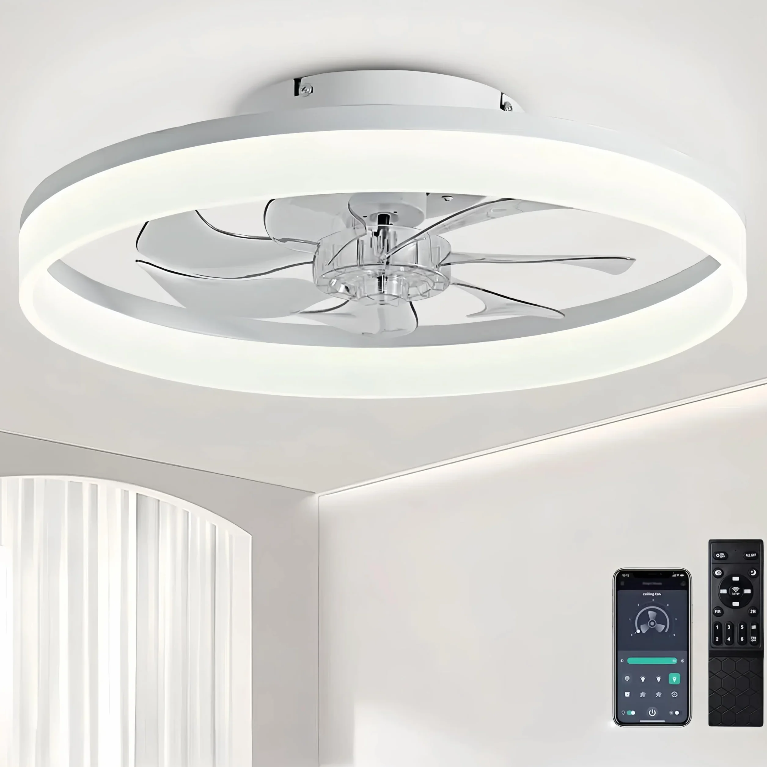 Wentylator sufitowy z oświetleniem, 48 W, 220 V, ściemniana, lampa sufitowa z pilotem zdalnego sterowania i aplikacją, 6 prędkości, z wentylatorem, timerem, do sypialni, salonu, czarny (biały