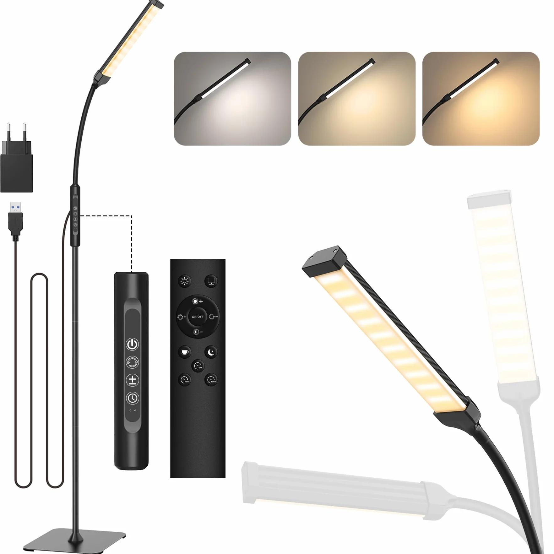 Mojimdo 120 LED lampa stojącaz pilotem, jasne lampy stojące do salonu, 3 tryby kolorów i 10 poziomów jasności, 3000 K - 6000 K, światło postojowe, lampa do czytania z funkcją dotykową do sypialni