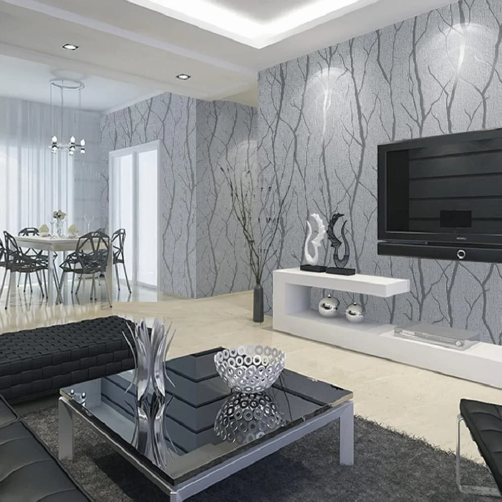 Tapeta 3D relief drzewo w paski szara na fizelinie do salonu
