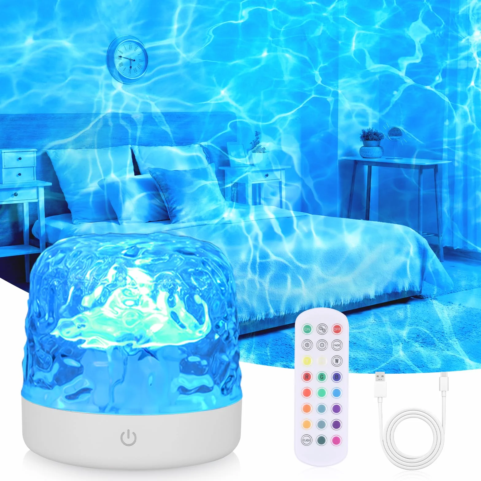 JIZZU Lampa Ocean LED z projektorem gwiaździstego nieba, 16 kolorów fali, lampka nocna stołowa z projektorem gwiaździstego nieba, nadająca się do ponownego naładowania, do sypialni/na imprezę, na