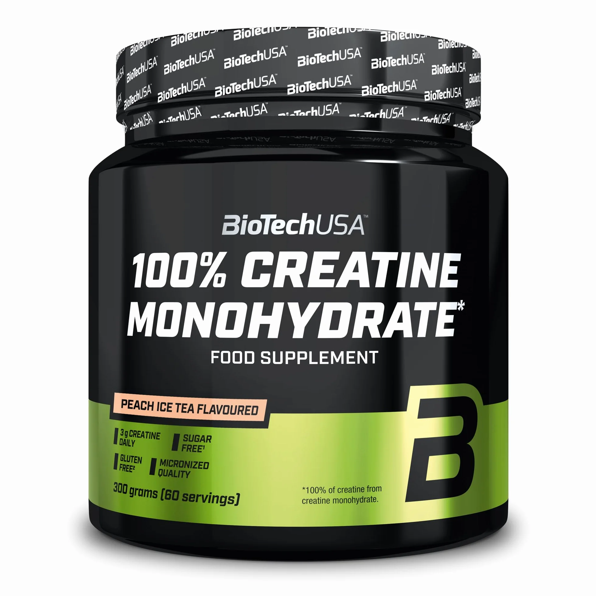 BioTechUSA 100% Creatine Monohydrate | kreatyna farmaceutycznej jakości | mikronizowana | wegańska | bezglutenowa, 300 g, Brzoskwiniowa mrożona herbata
