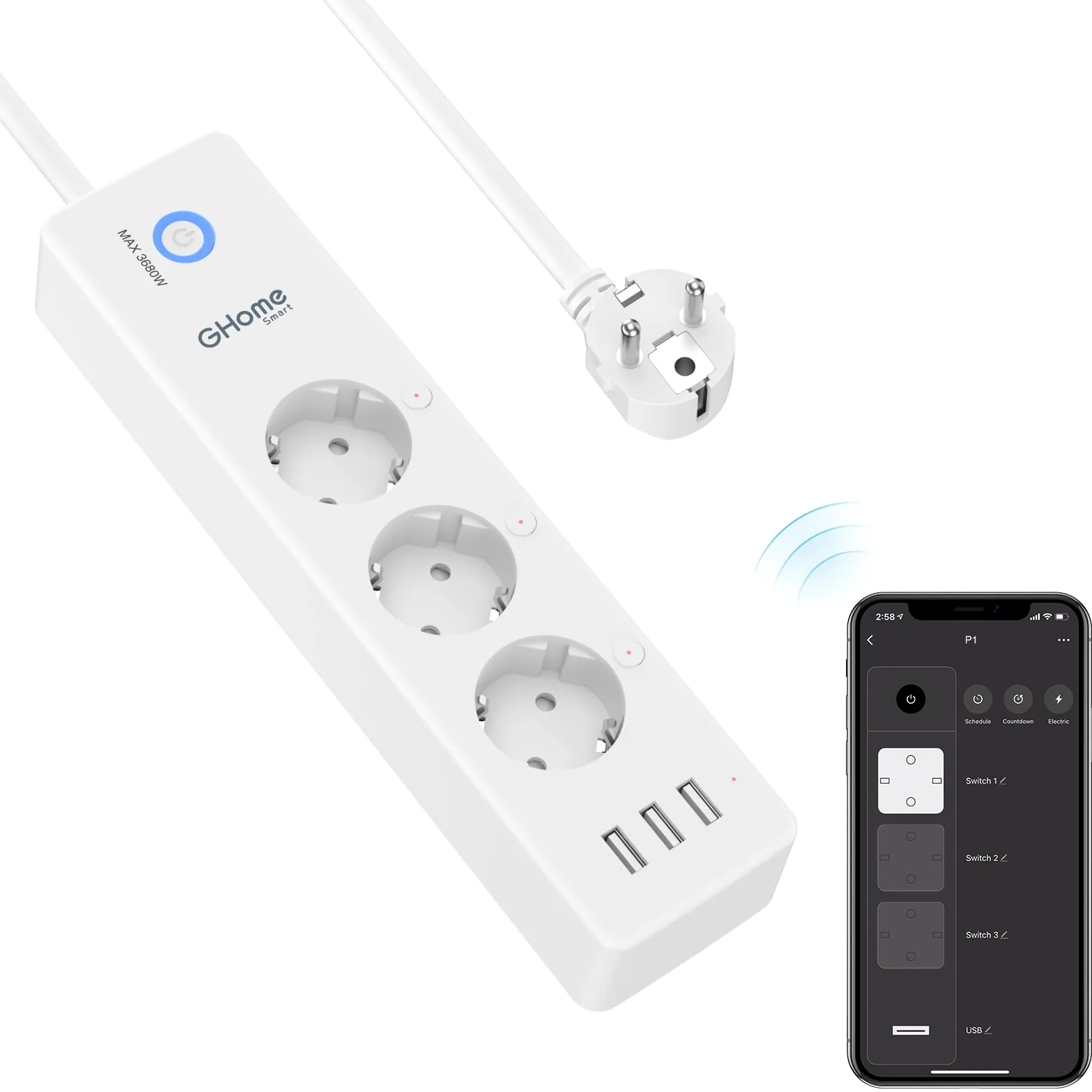 GHome Smart Inteligentna listwa zasilająca Alexa z 3 gniazdami i 3 USB, programowalna listwa zasilająca WiFi z monitorowaniem zużycia, funkcja Smart Plug Timer, kompatybilna z Alexa i Google Home, 1,5