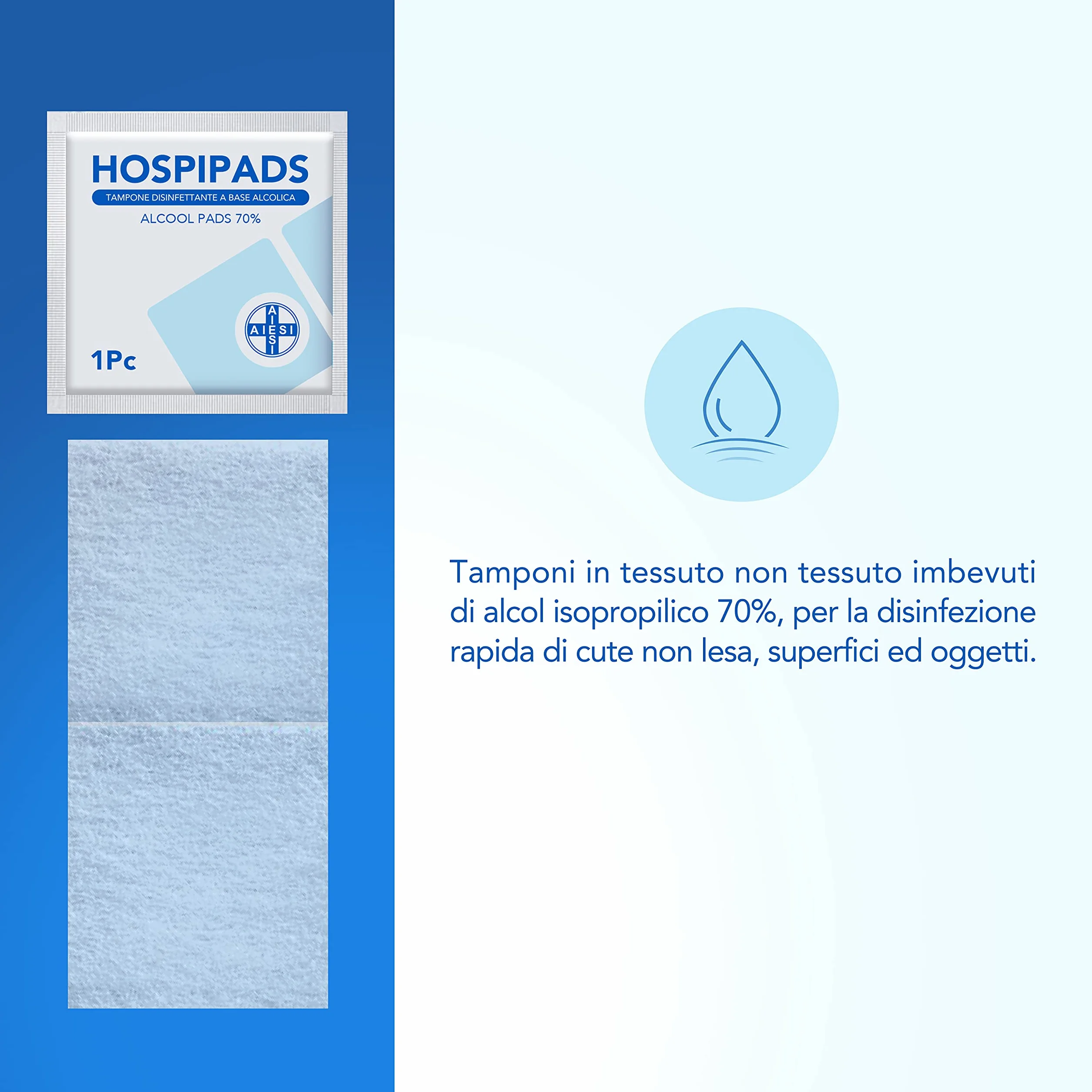 AIESI® Waciki chusteczki dezynfekcyjne (2x100 sztuk) na bazie 70% alkoholu izopropylowego, wymiary 65x30 mm, pakowane pojedynczo HOSPIPADS