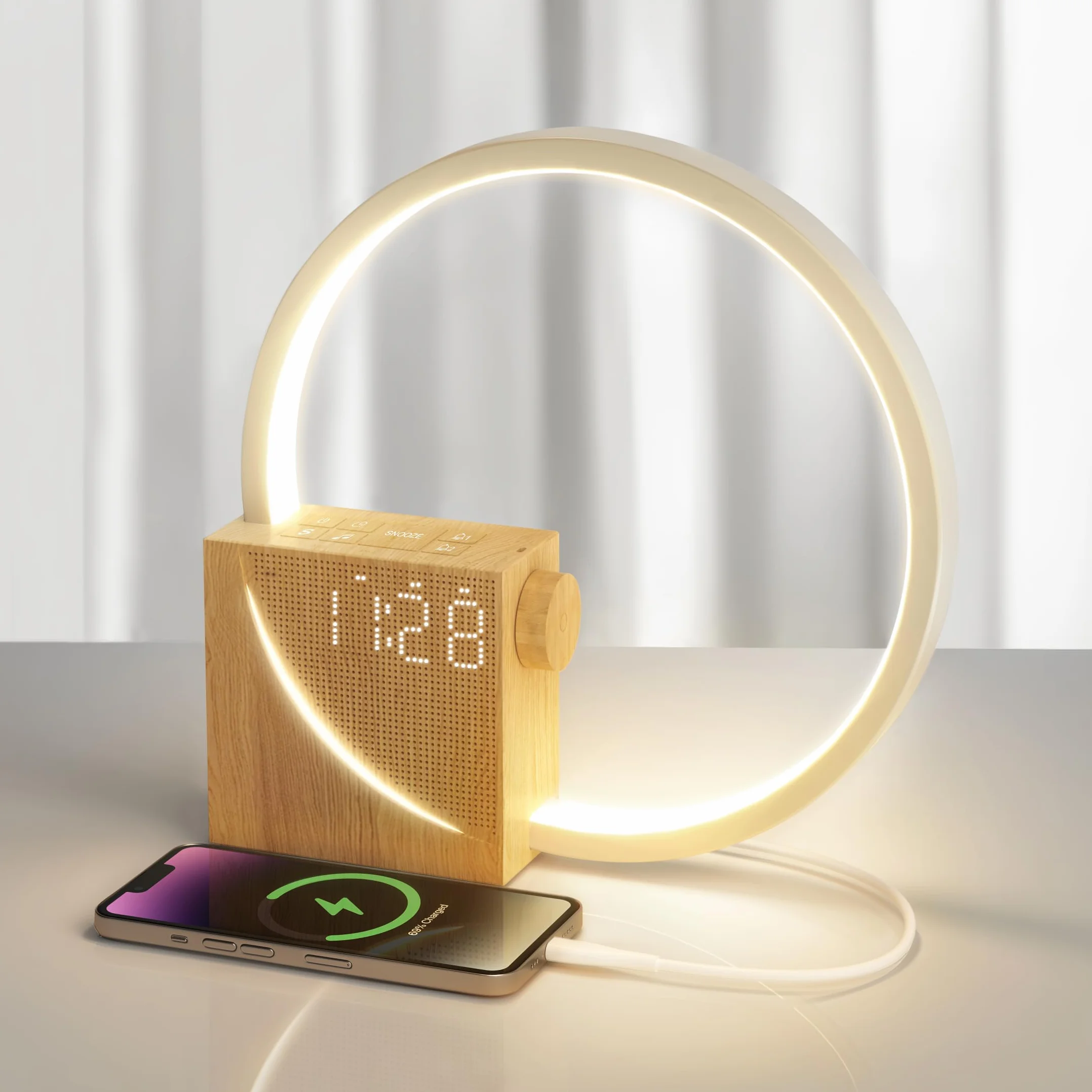 Blonbar Lampka Nocna z Budzikiem Świetlnym Wake Up, Lampa Stołowa z Ładowaniem USB 10W, Sterowanie Dotykowe, Ściemniana