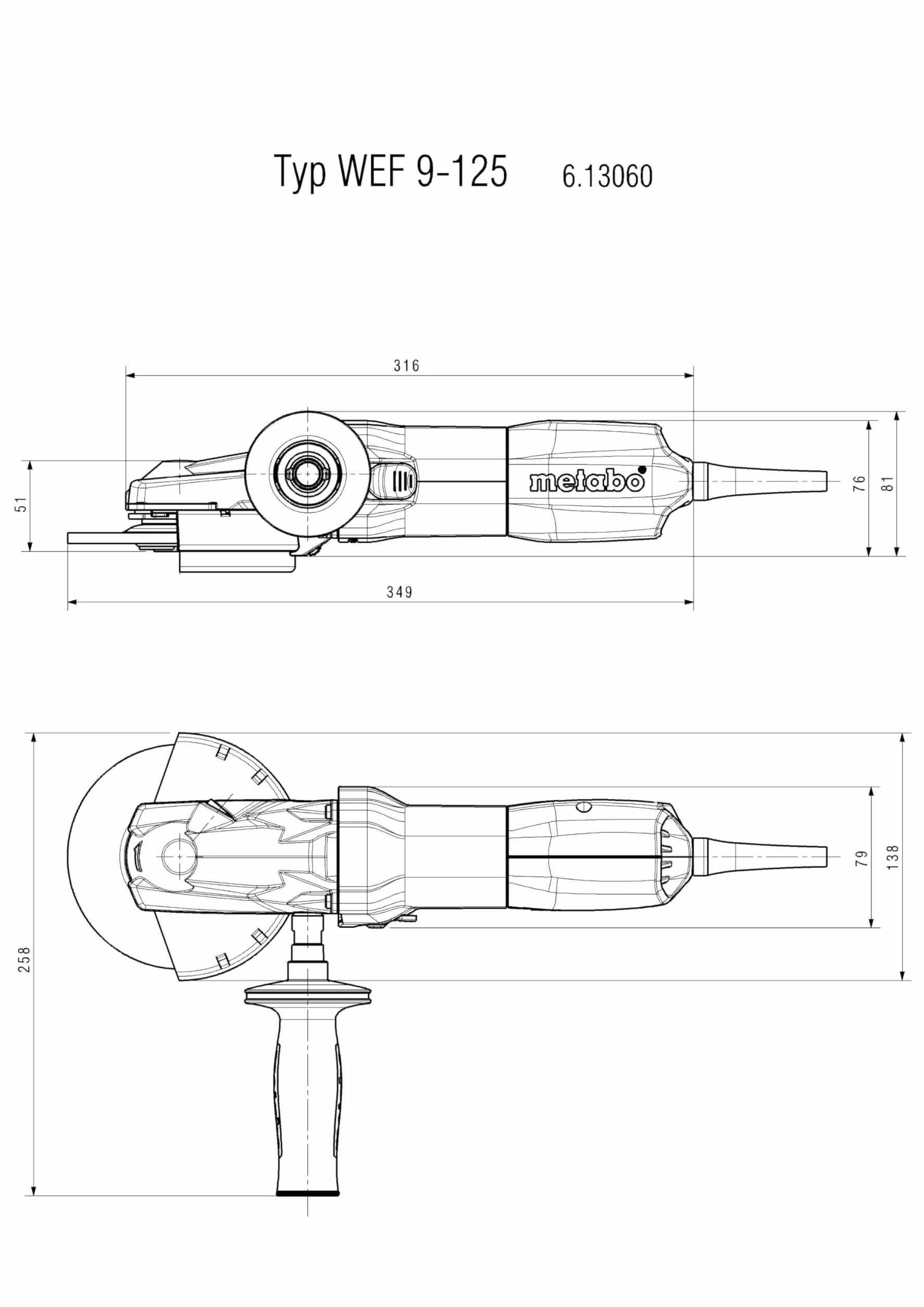 Metabo Szlifierka kątowa z płaską głowicą WEF 9-125 Quick (613060000) karton, 910 W, średnica tarczy: 125 mm, prędkość obrotowa biegu jałowego: 10000 obr./min