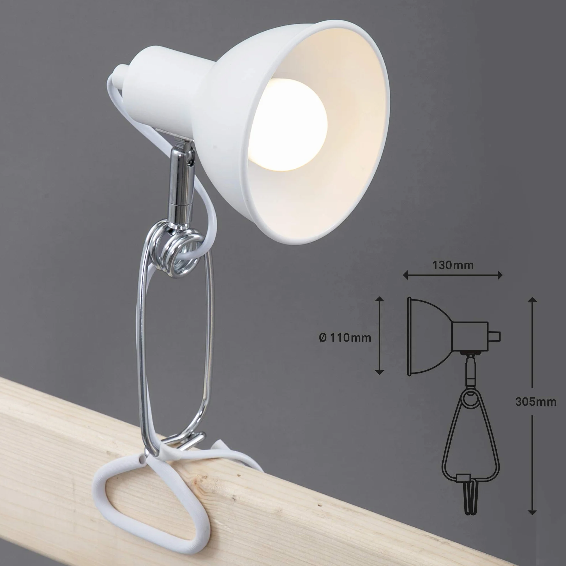 BRILONER – Lampa zaciskowa LED | 1x E14, maks. 8W | Z przełącznikiem kablowym | Głowica obrotowa i wychylna | Lampa biurkowa, lampka stołowa | Metal biały chrom | 305x110x130 mm