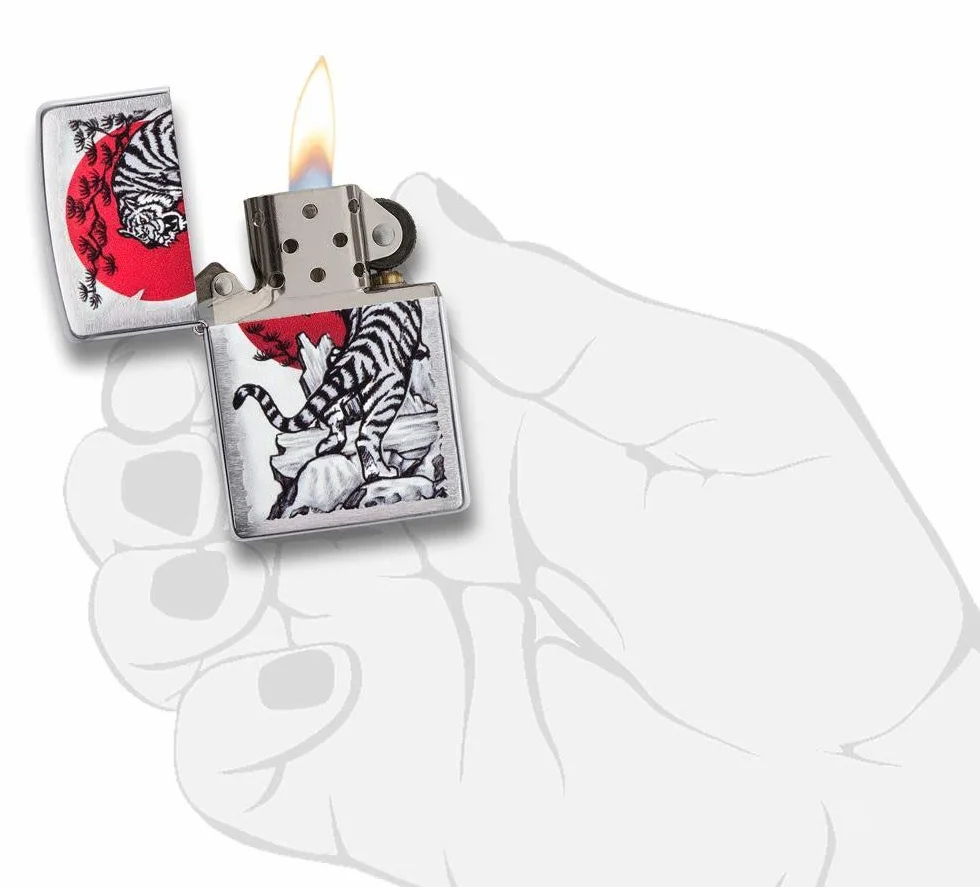 Zippo Zapalniczka Sztormowa, Azjatycki Tygrys, Szczotkowany Chrom, Kolorowy Motyw, z Możliwością Napełniania, Wielokrotnego Użytku, Płomień Odporny na Wiatr, w Pudełku Prezentowym, Made in USA