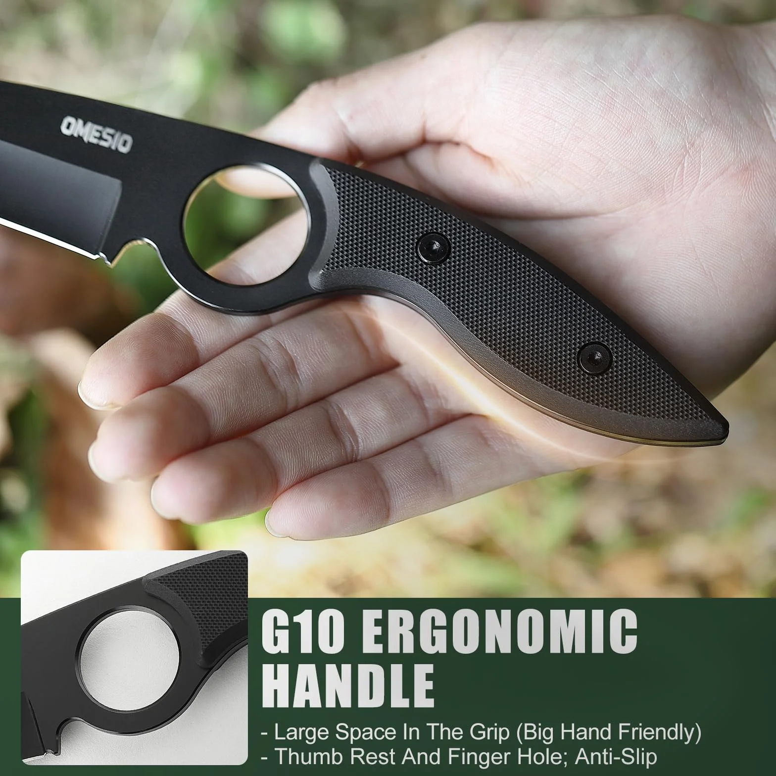 Omesio Large Outdoor Knife Doskonałej Jakości Stal 5cr13mov O Konstrukcji Full Tang - Stałe Ostrze 8,5 Cm - Duży Nóż Do Paska Z Ergonomiczną Rękojeścią Z G10 - W Komplecie Kydexowa Pochwa I Klips (Cza