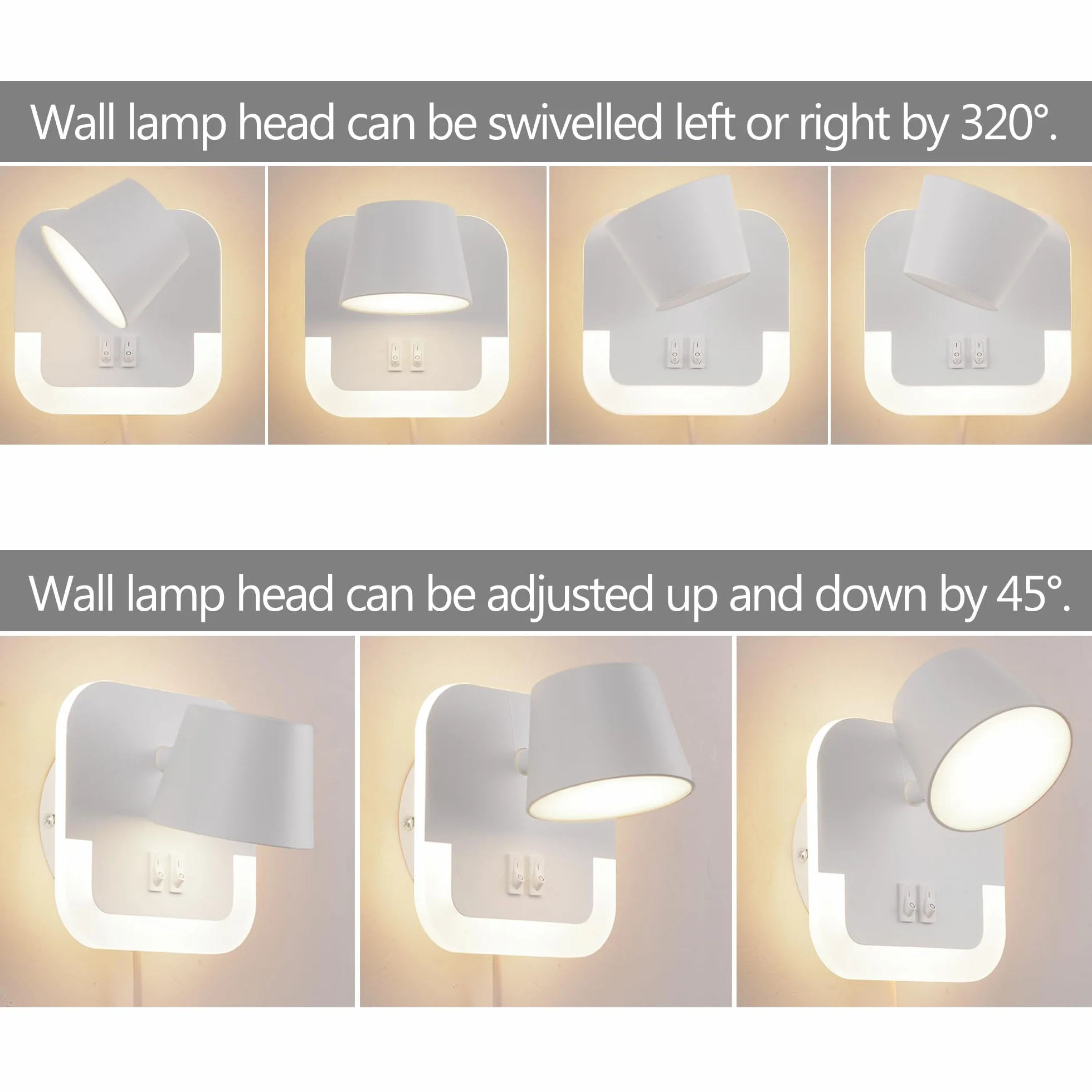 Lampa kinkiet LED, lampka nocna do czytania ściany Z kablem i wtyczką, 4W+8W lampka do czytania książki nocnej, lampka nocna sypialni kinkiet Z wyłącznikiem, Obrotowa głowica lampy, Biały