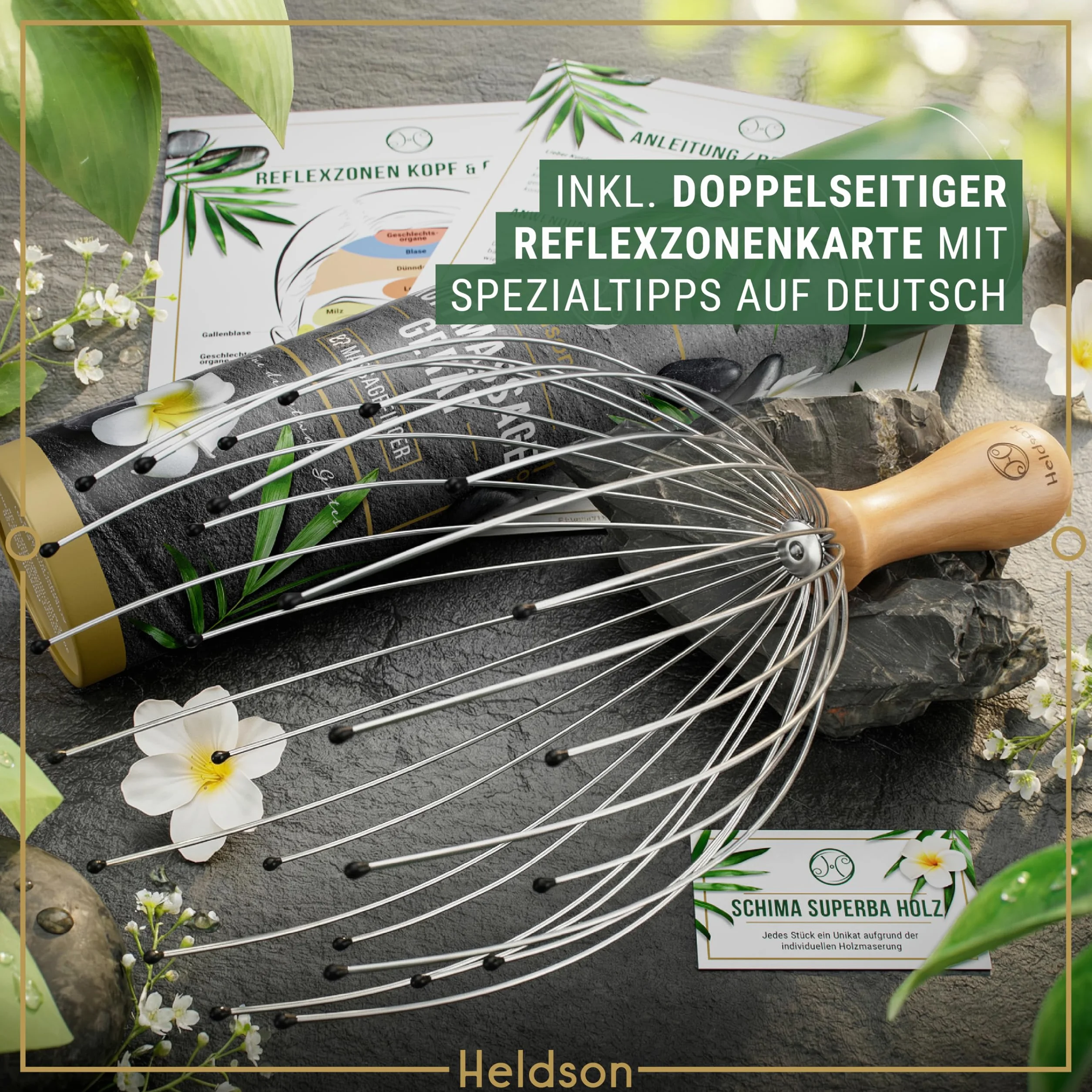 HELDSON® Masażer głowy pająk FSC 100% masażer skóry głowy prezent wellness