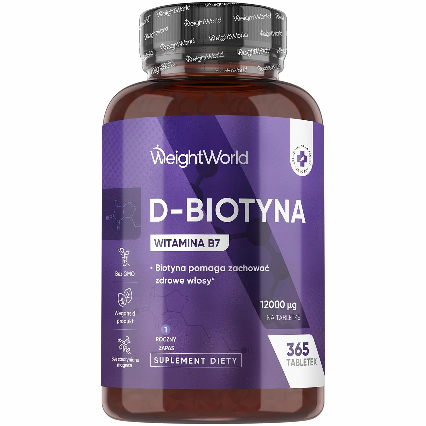 Biotyna 12 000 mcg – 365 tabletek suplementu witaminy B7 dla kobiet i mężczyzn, Biotyna przyczynia się do utrzymania prawidłowego stanu włosów (EFSA) – na 1 rok, wegańska
