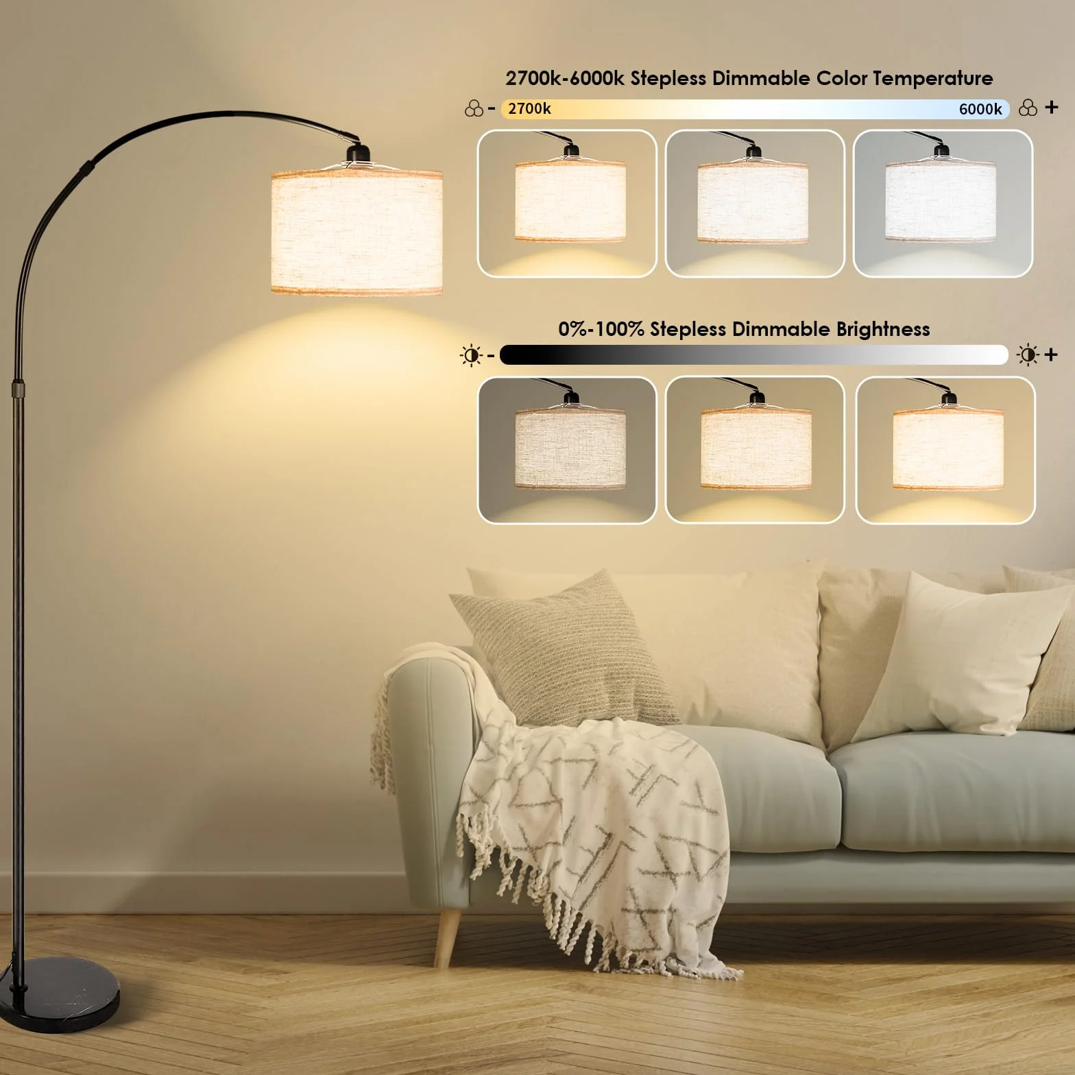 CCLIFE Stehlampe z możliwością ściemniania do salonu, lampa łukowa LED E27, lampa do czytania 60W 2700-6000K, przełącznik nożny, obracana o 360° głowica lampy, beżowa, z regulacją wysokości 165cm