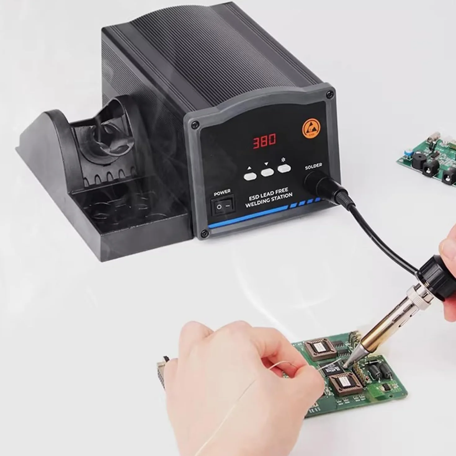 Stacja lutownicza 90 W, stół spawalniczy gorącym powietrzem z wyświetlaczem LCD, regulowana temperatura 200℃ ~ 420℃, idealna do naprawy i naprawy SMD