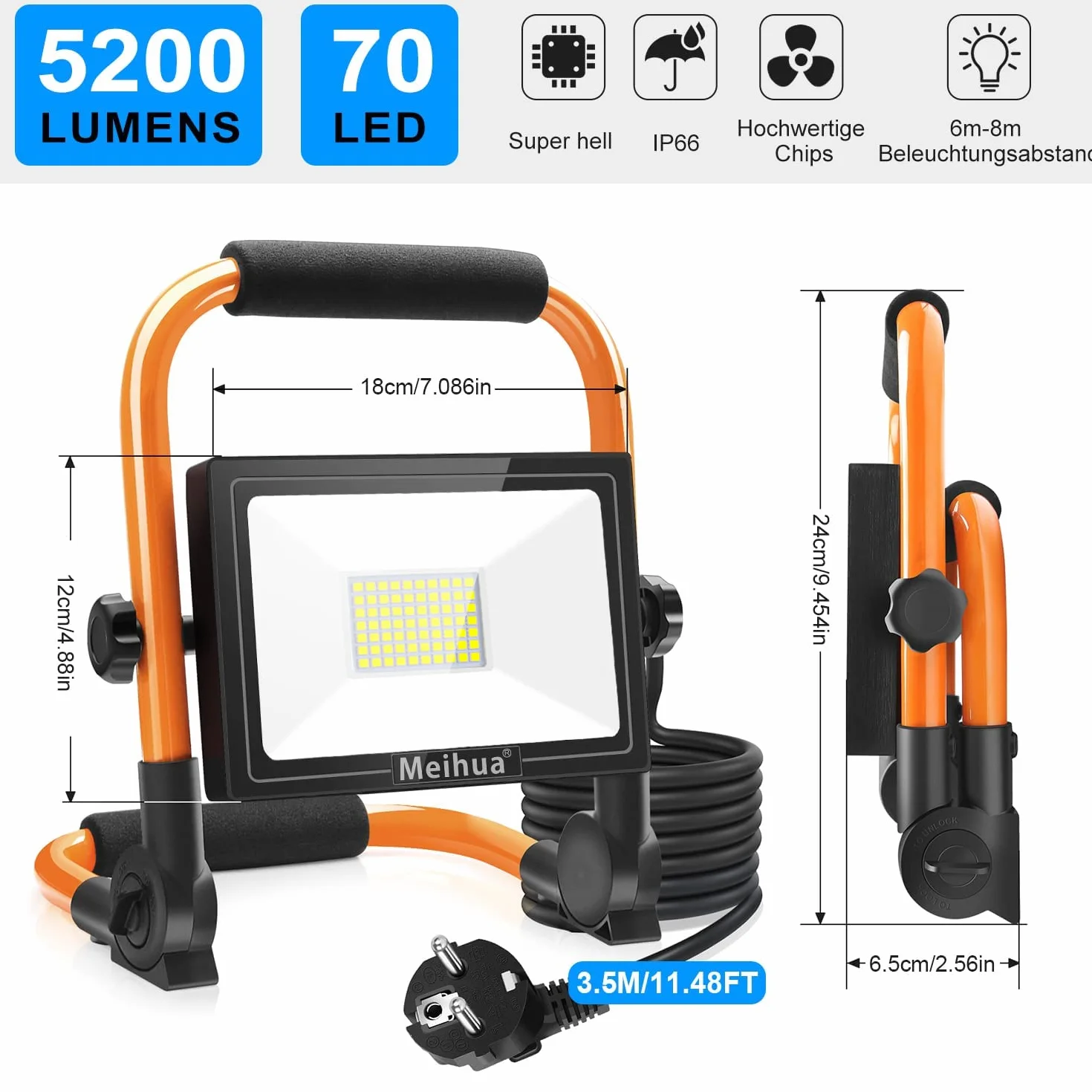 MEIHUA Reflektor budowlany LED 60W 5200lm 6500K IP66 wodoszczelny przenośny 3,5m kabel