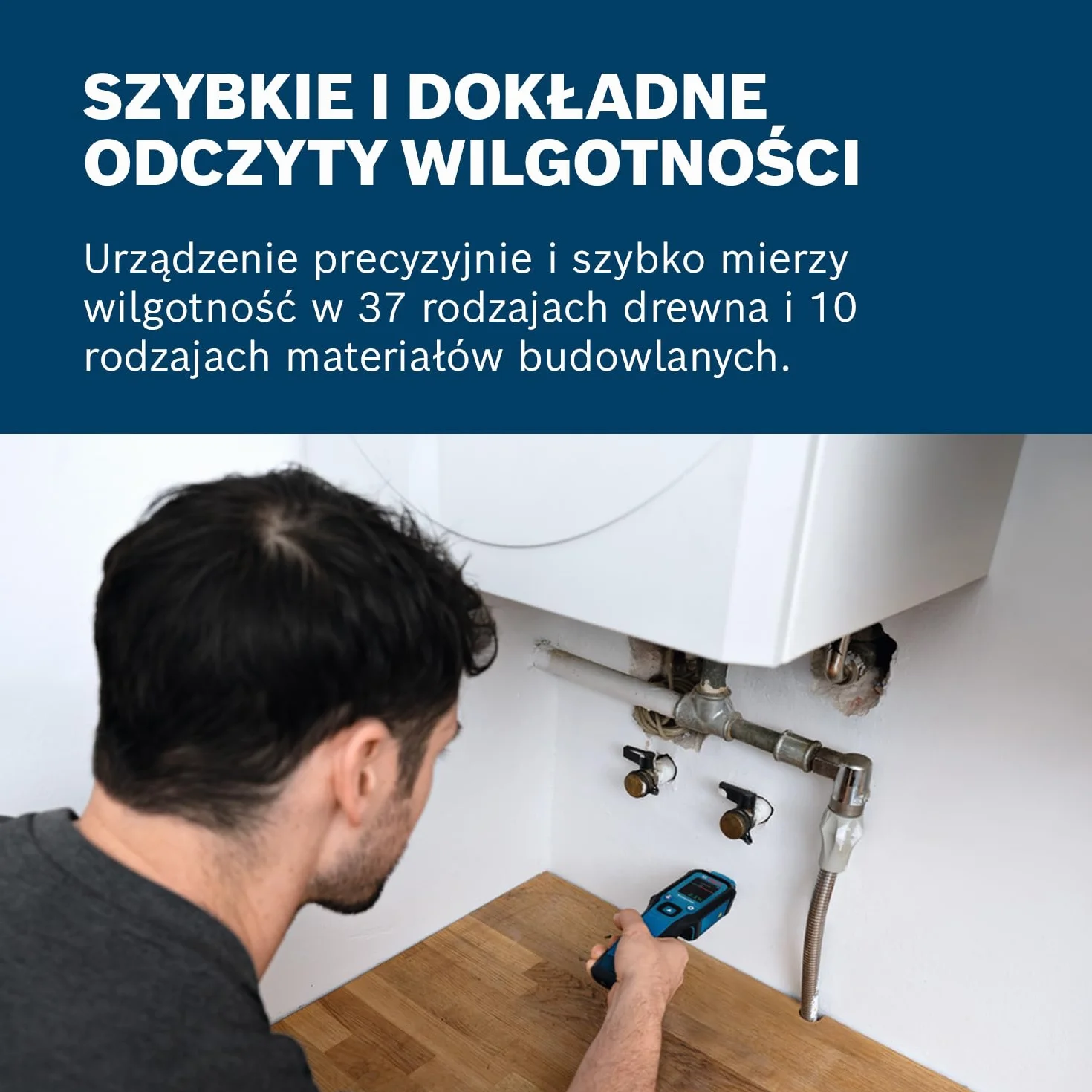 Bosch Professional Wilgotnościomierz GMP 1-13 (z pinami, mierzy 37 rodzajów drewna i 10 rodzajów materiałów budowlanych, IP65, wyświetlacz LCD o wysokim kontraście, 2 baterie AA, pokrowiec)