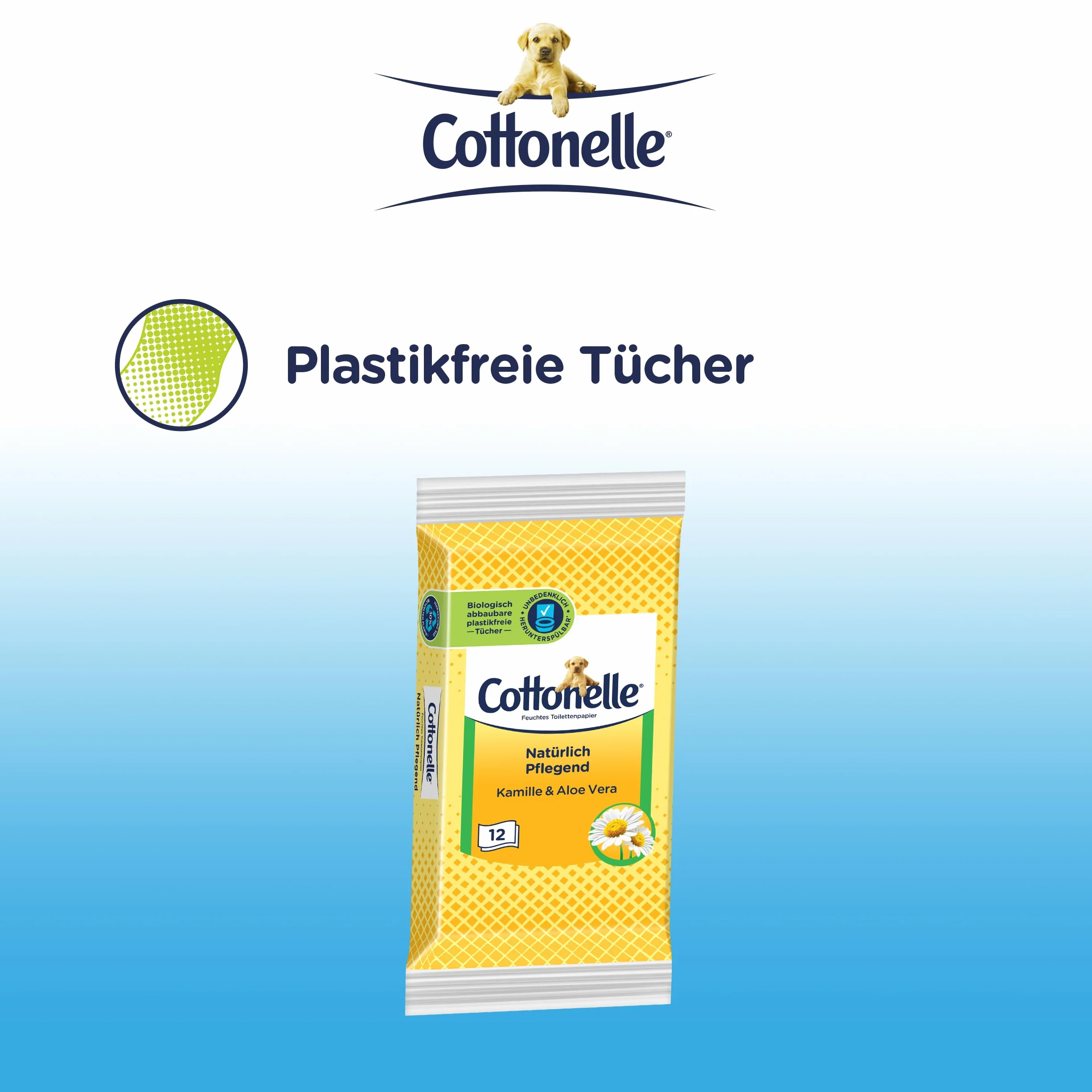 Cottonelle Wilgotny papier toaletowy do podróży, naturalnie pielęgnujący – rumianek i aloes, szybkie rozpuszczanie, 20 x 12 ściereczek, biodegradowalny