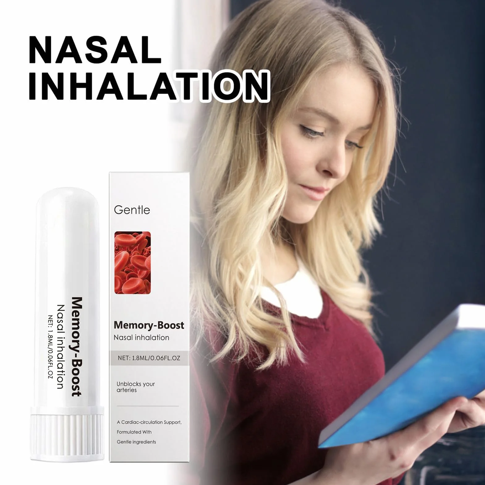 Memory Boost przenośny inhalator z przyssawką do nosa, dyfuzor do aromaterapii, świeże powietrze, miękkie składniki, kojący, 1,8 ml, do oddychania