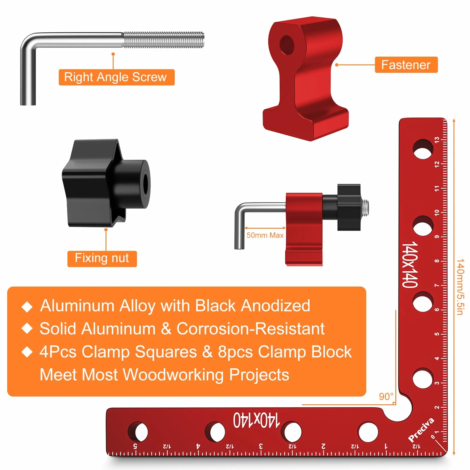 Preciva 2 zaciski kątowe ze stopu aluminium (14 cm/5,5 cala), narzędzia do obróbki drewna, kątownik stolarski, do obróbki drewna, majsterkowania, rzemiosła (kolor czerwony)