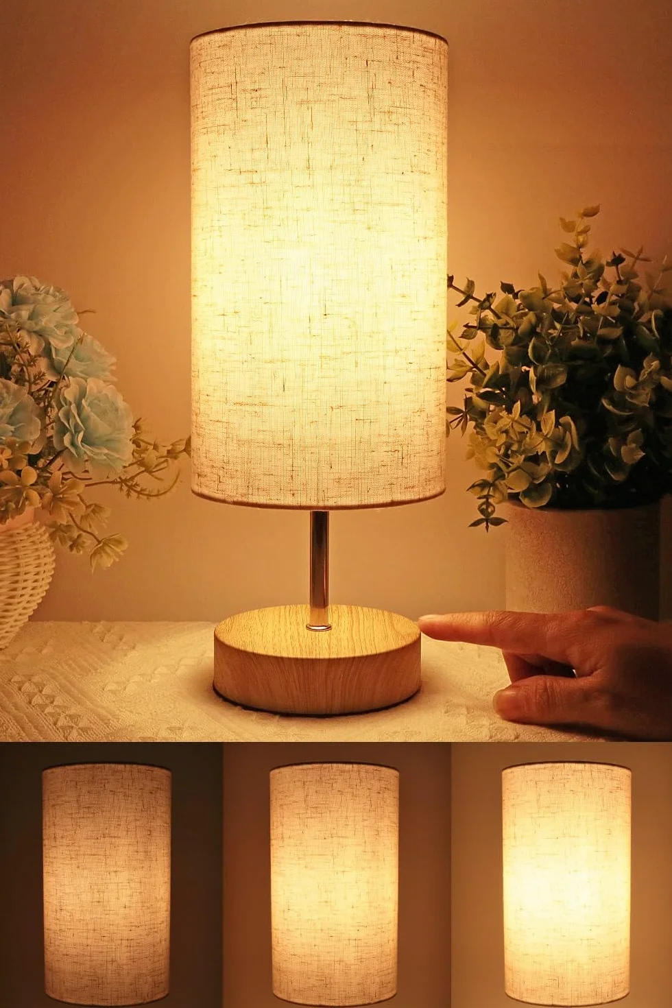 Dotykowa lampka nocna, 34 cm ściemnialna sterowanie dotykowe lampa stołowa LED nowoczesna lampa stołowa retro z żarówką do czytania salon pokój dziecięcy klosz z tkaniny do sypialni hotelu