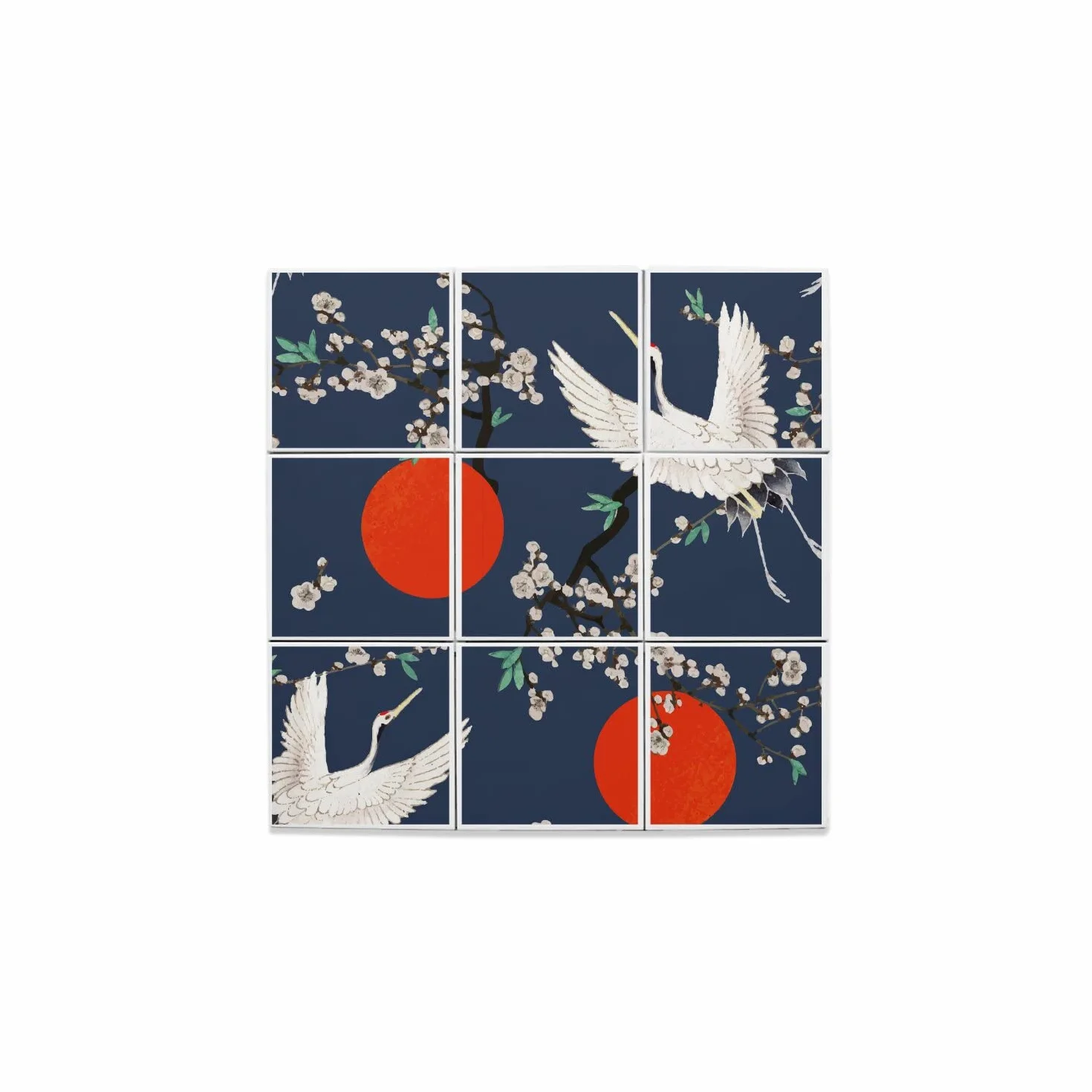 Ceramiczne płytki dekoracyjne 10,8 x 10,8 cm Japonia żuraw czerwony nadruk tradycyjna ilustracja Zestaw 9 sztuk