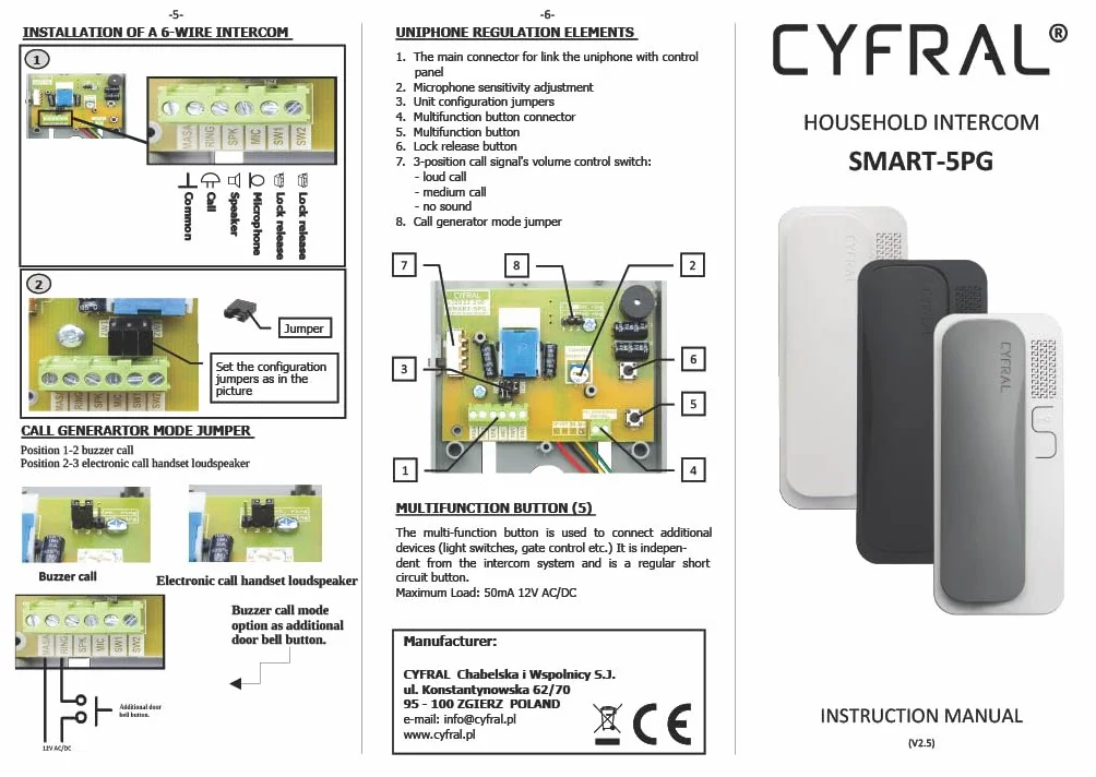 Cyfral Smart 5p uniwersalny telefon domowy 4 Plus N, 4, 5, 6 przewodów
