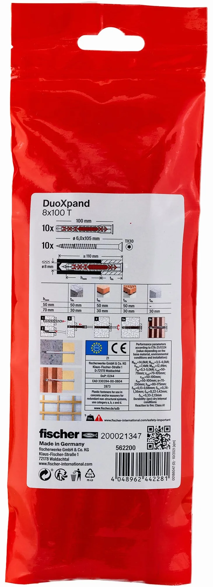 fischer DuoXpand 8 x 100 T, wysokiej jakości uniwersalne kołki rozporowe z ocynkowaną śrubą z łbem wpuszczanym (10 szt.), kołki do mocnego trzymania, idealne do porowatych materiałów budowlanych i