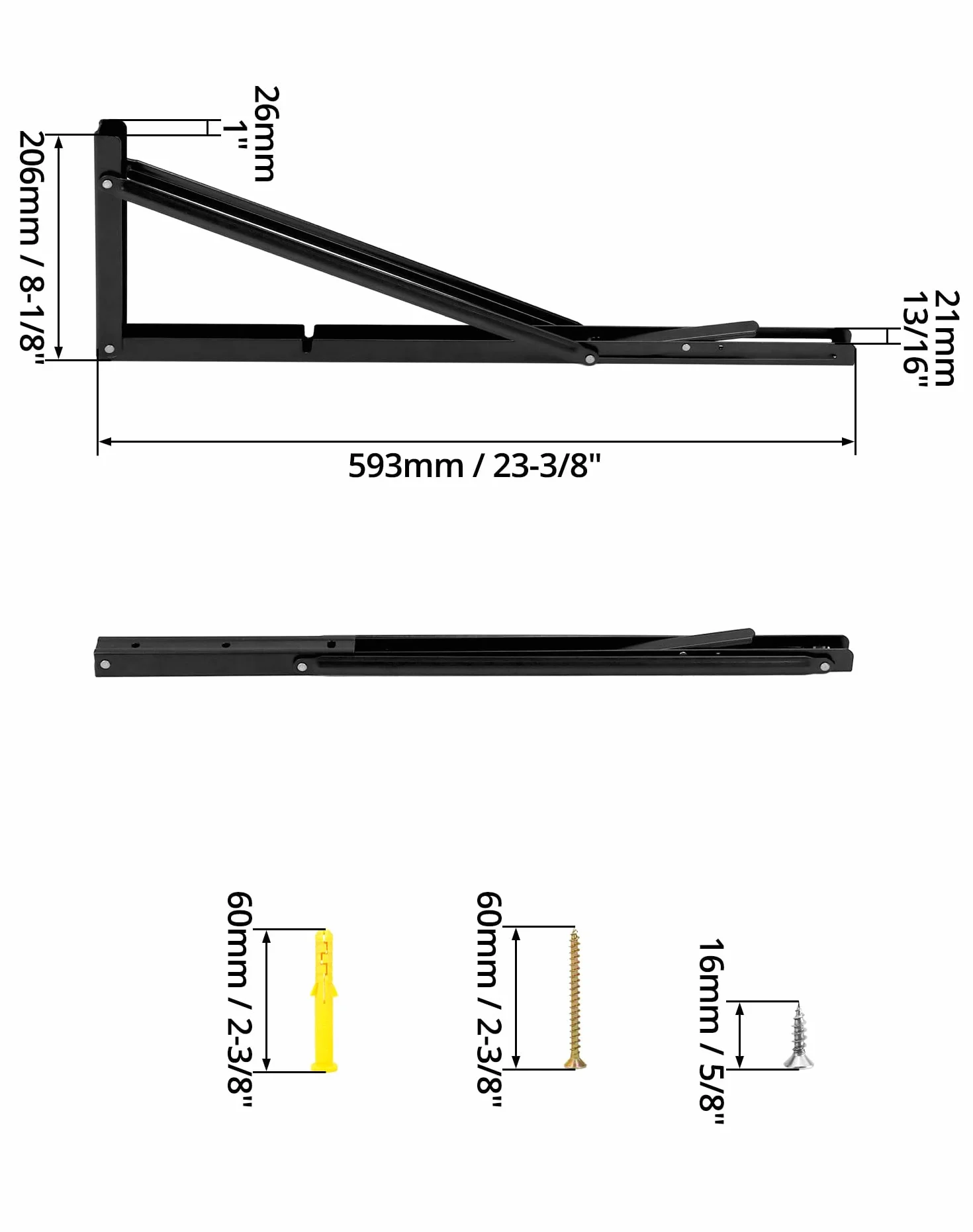 QWORK® 2 sztuki 600mm metalowy wytrzymały składany wspornik, oszczędzający miejsce składany wspornik do stołu warsztatowego dla majsterkowiczów, nośność 150kg
