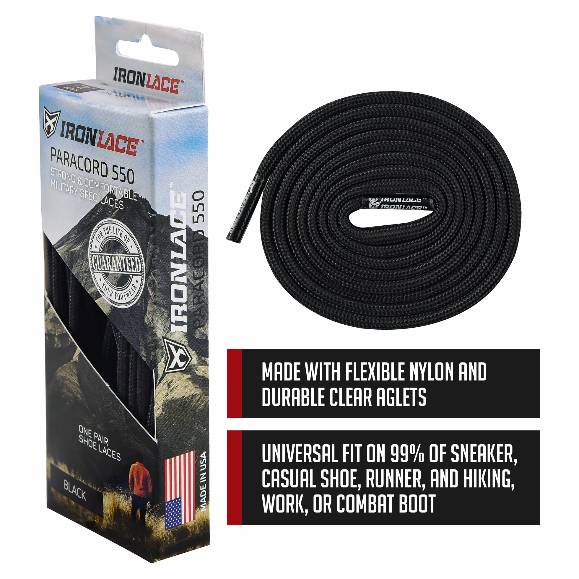 Ironlace Standardowy paracord, Midnight Black, 127 cm