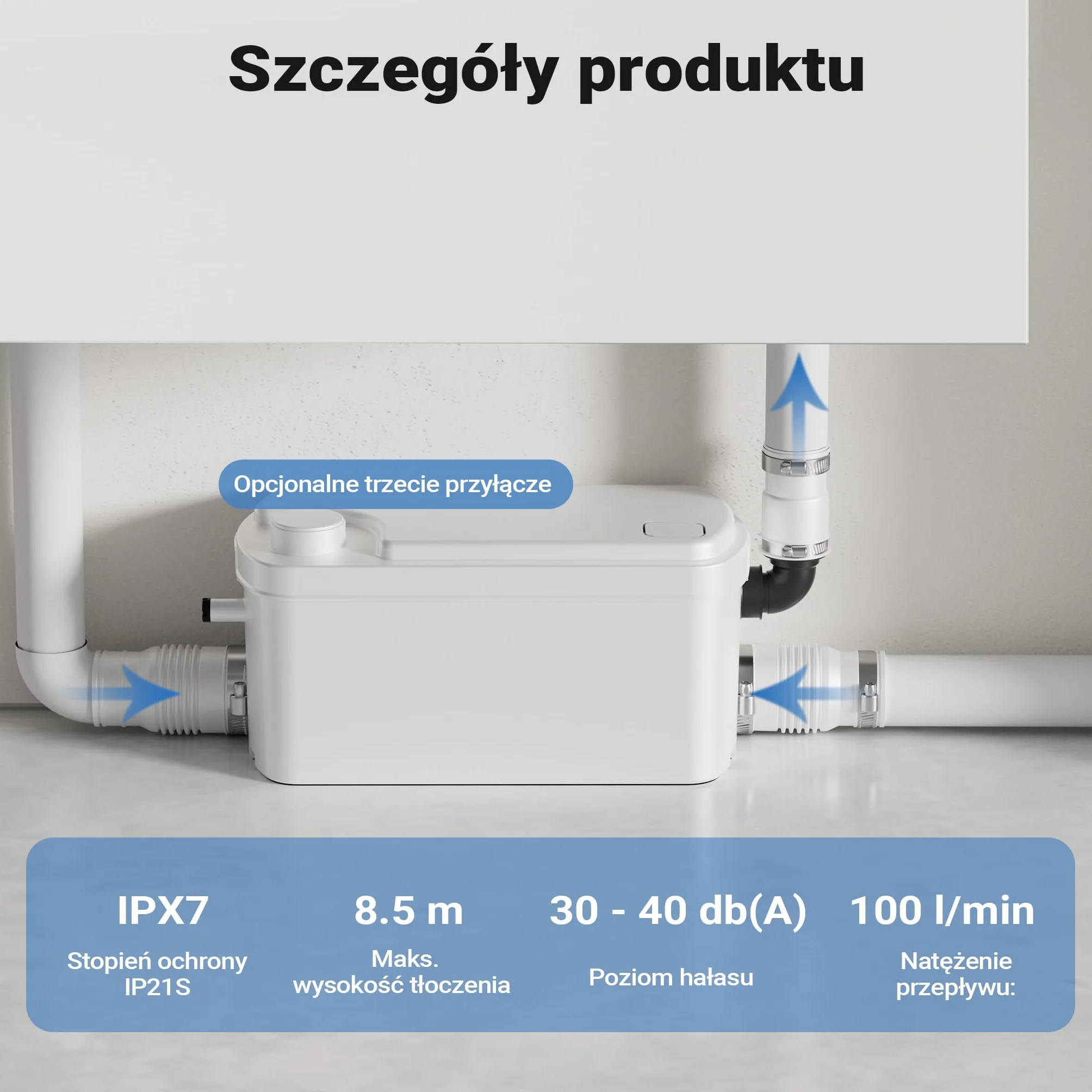 XPOtool Pomporozdrabniacz 3/1 z silnikiem 250 W, 100 l/min, wysokość do 8,5 m odległość do 85 m, przyłącze boczne pompa wc z rozdrabniaczem