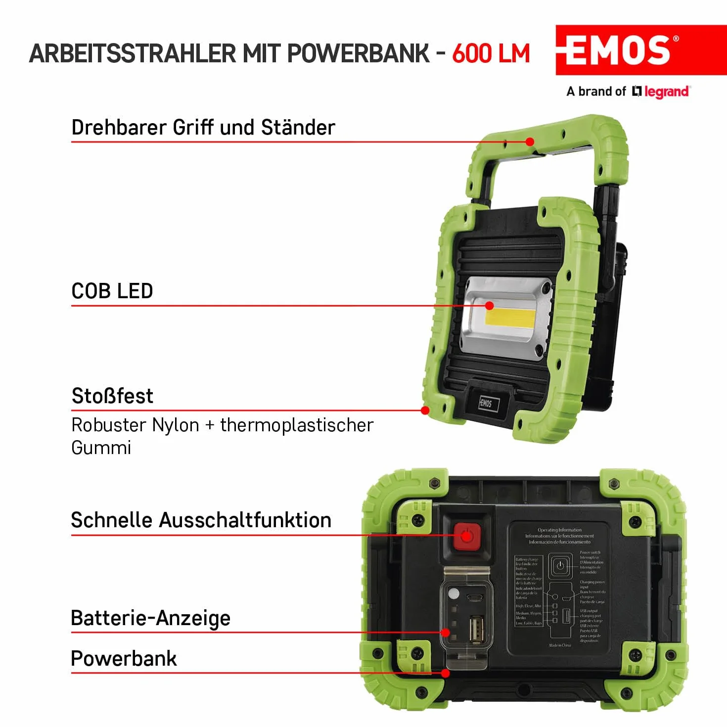 Emos Lampa Robocza Led, Czarny/Zielony, Zasięg 35 m