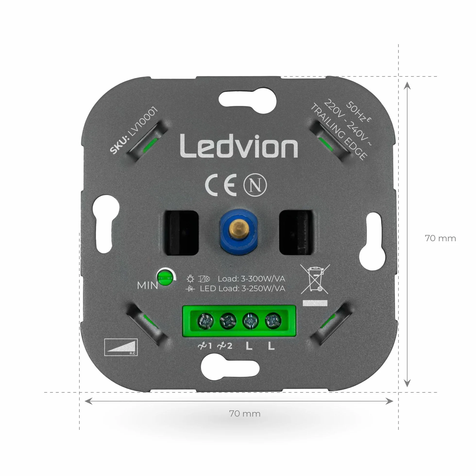 Ledvion Przełącznik ściemniacza LED, LED 3-250 W/halogenowe 3-300 W, biała pokrywa, cięcie fazowe, wbudowany obrotowy ściemniacz, wariator obrotowy LED