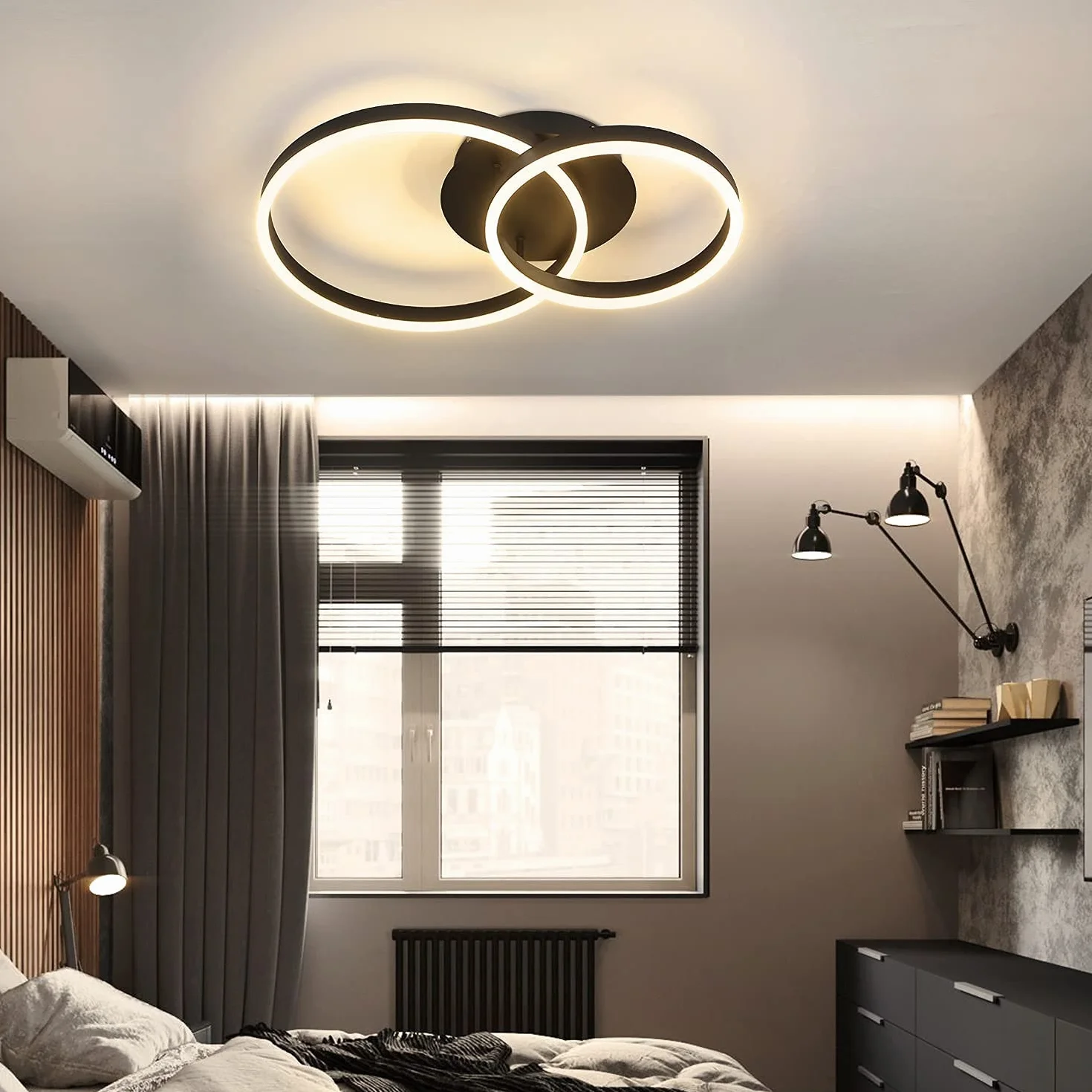 ZMH Lampa Sufitowa LED Ściemniana, Czarna, Nowoczesna, 46 W, 2 Pierścienie, Do Salonu, Sypialni, Gabinetu, Biura, Kuchni, Hotelu, Restauracji, Jadalni, 59 x 40 x
