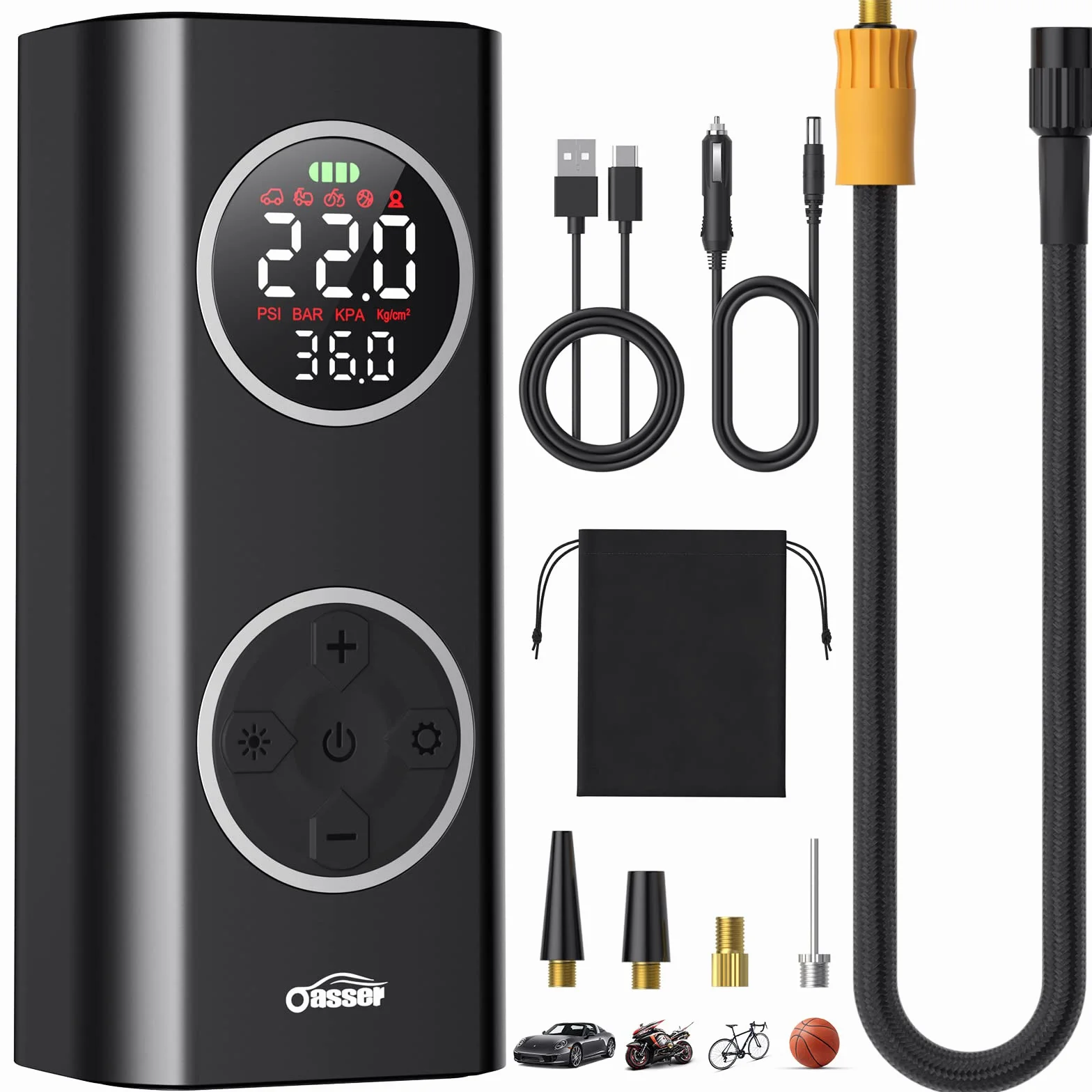 Oasser Przenośny Kompresor Powietrza 6000mAh 150PSI - Elektryczna Pompa do Opon z Dwukolorowym Wyświetlaczem LCD, Automatycznym Wyłączaniem i 4 Końcówkami - Do Samochodów, Motocykli, Rowerów i Piłek