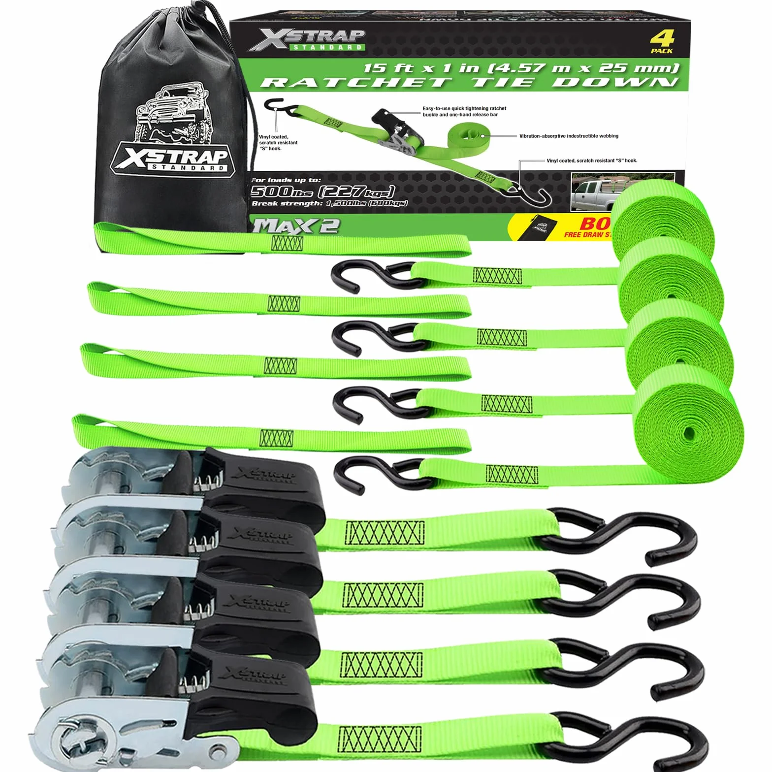 XSTRAP STANDARD Ratchet Tie Down Straps 4Pk 15Ft 1500Lb Break Strength, Cargo Straps for Moving Appliances, Lawn Equipment, Motorcycle, Includes 4 Soft Loops