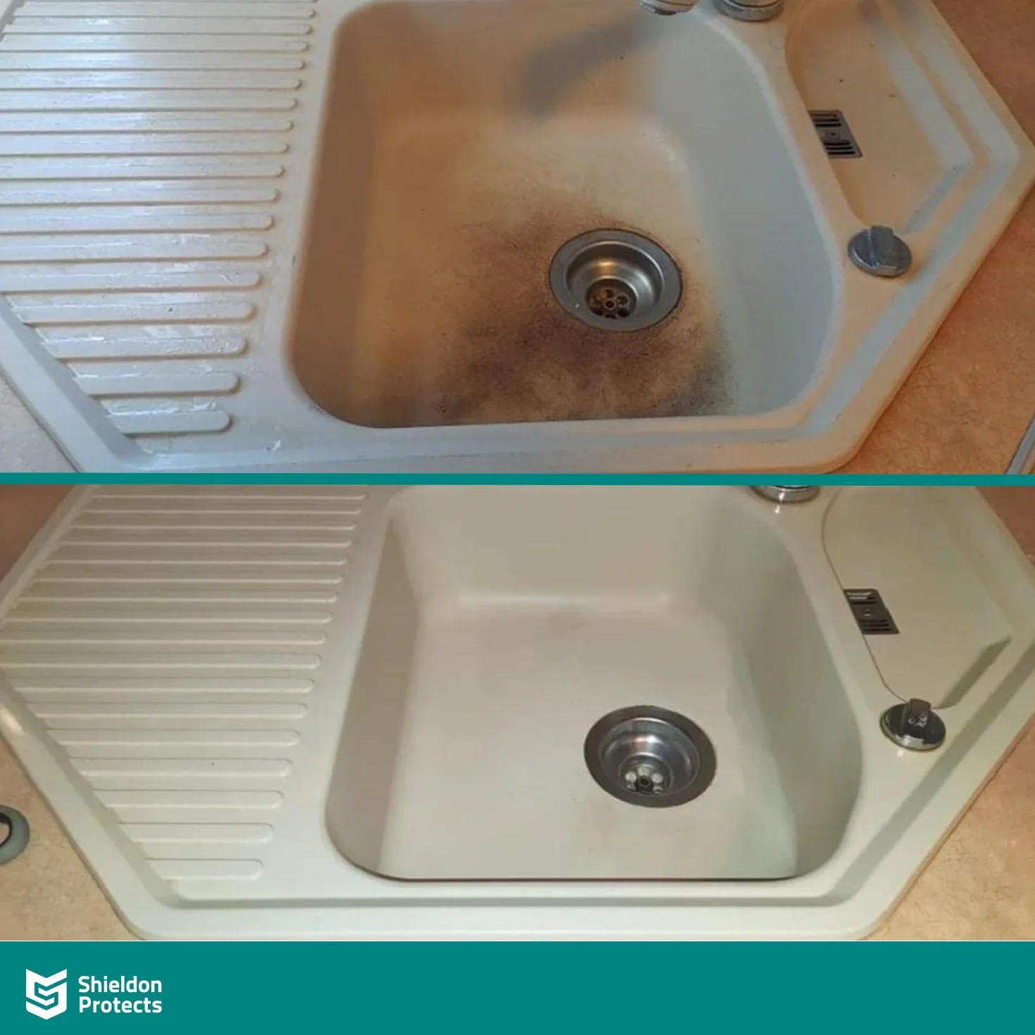 Shieldon Protects Sink Restorer - Zestaw do czyszczenia i renowacji zlewu granitowego, 3-etapowy system - silny środek do czyszczenia, odkamieniacz, impregnat + ściereczka z mikrofibry i 2 gąbki