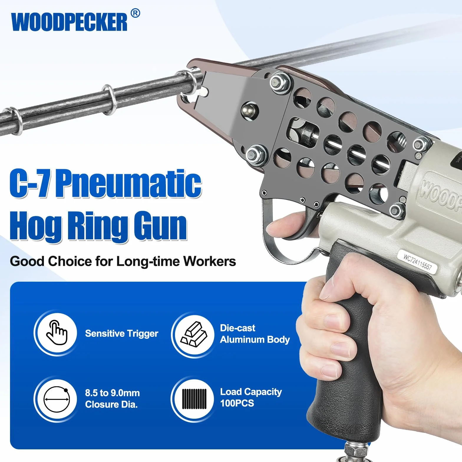 Dzięcioł C-7 pneumatyczne szczypce do pierścieni wieprzowych 27 mm, korona, średnica zamknięcia 8,5 mm do 9,0 mm, pistolet pierścieniowy do produkcji materacy, spinania, ogrodzenia, klatek