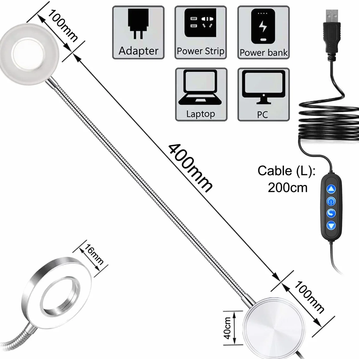 LANMOU Lampa ścienna LED 5W 420lm 40cm z wtyczką USB ściemniacz 3 temperatury barwowe