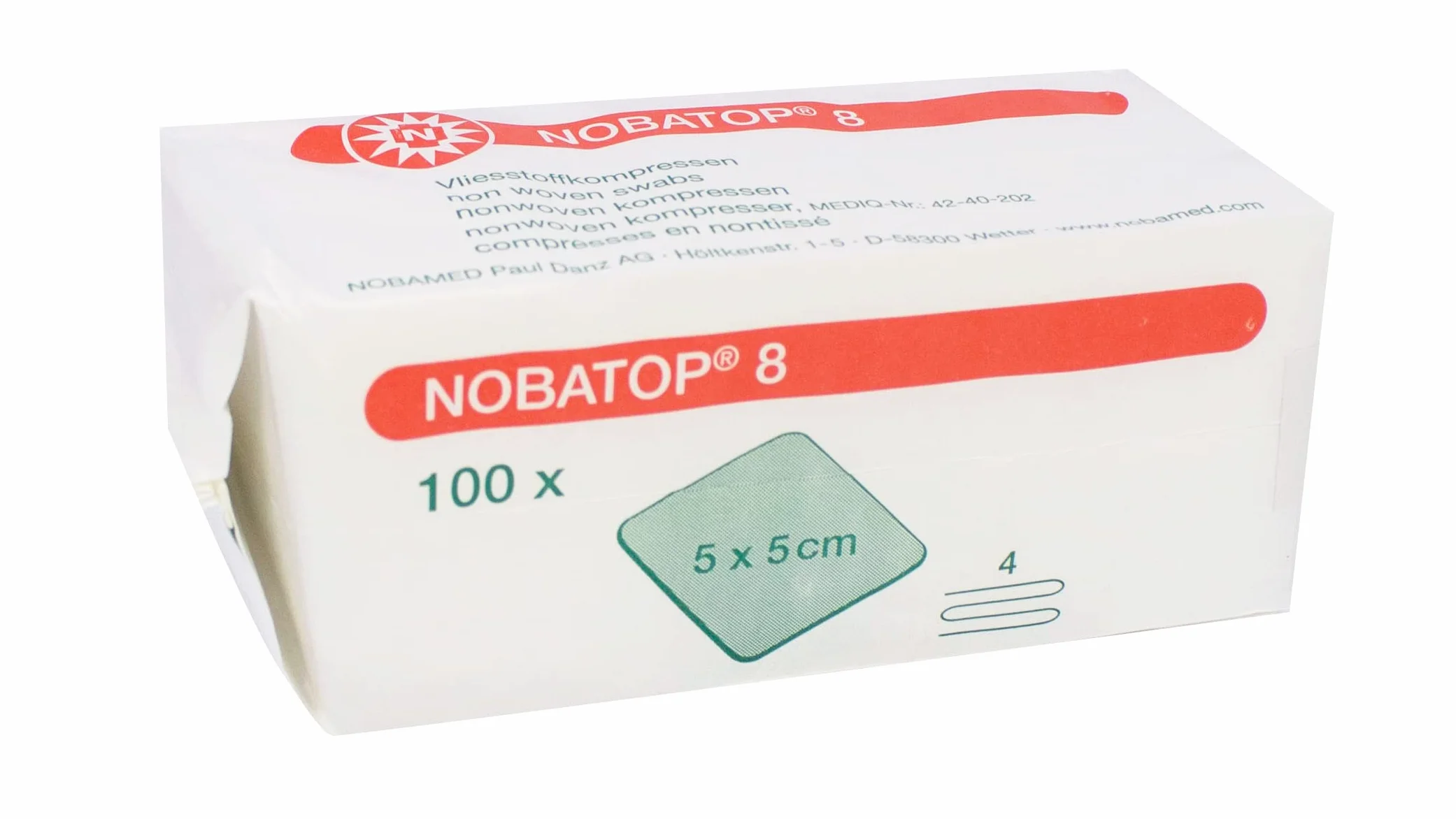 Kompres z włókniny 4-warstwowy 100 sztuk Nobatop 8 niesterylny rozmiar: 5 cm x 5 cm