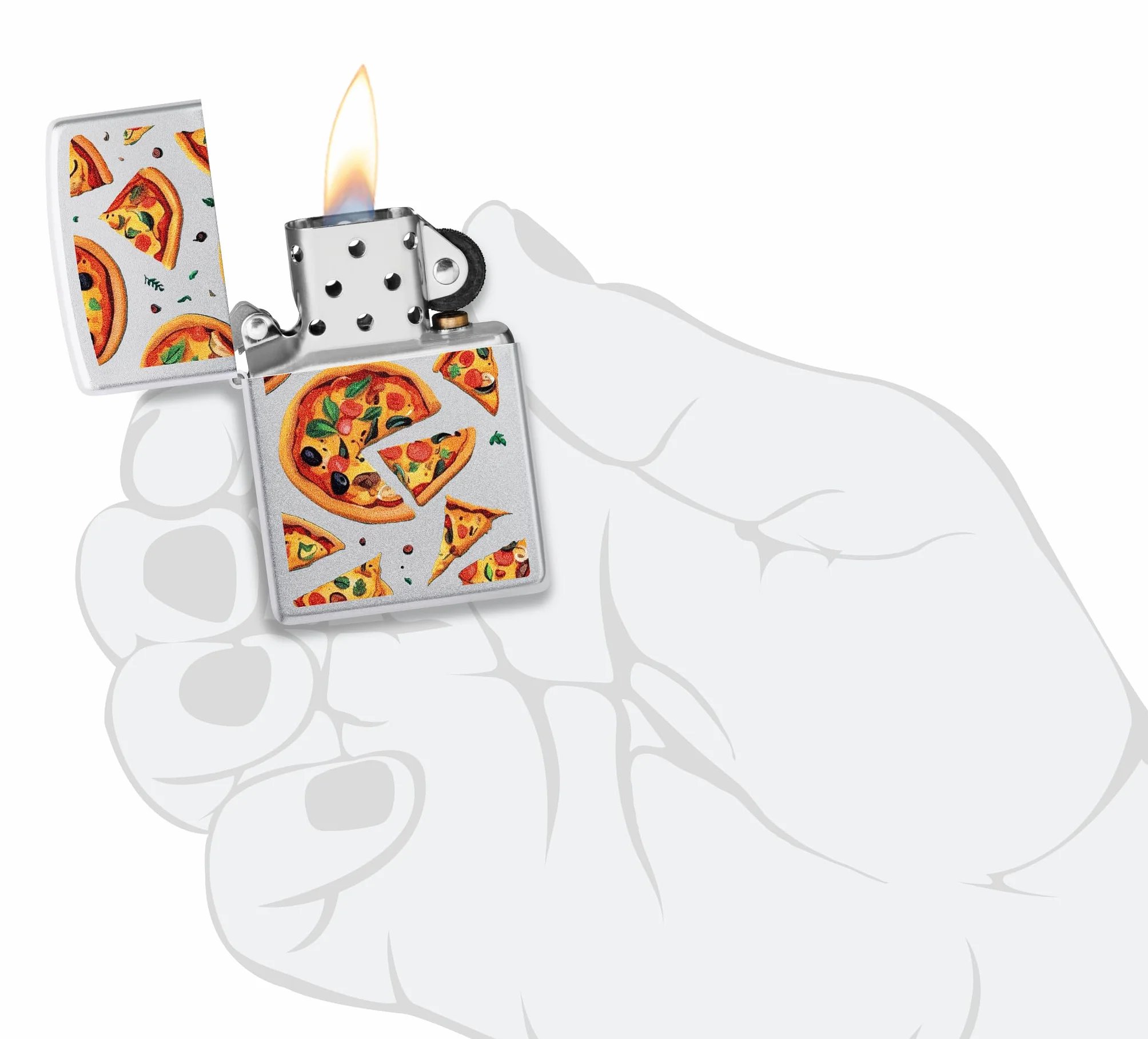 Zippo Pizza Zapalniczka Sztormowa, Kolorowy Nadruk, do Napełniania, Wielokrotnego Użytku, Wiatroodporna Konstrukcja, Pudełko na Prezent, Wykonano w USA, Satynowy Chrom (Satin Chrome)