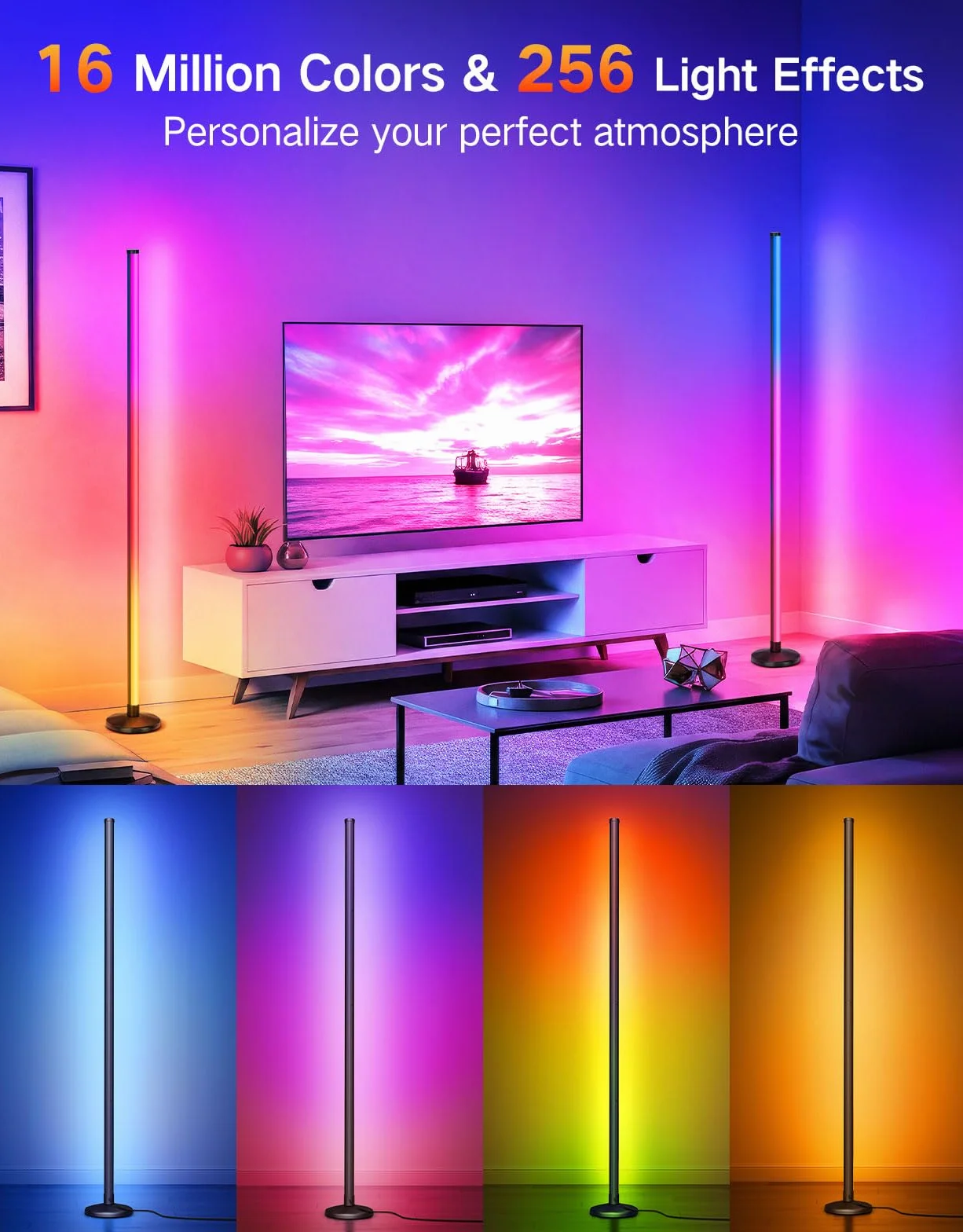 OUTON RGBICW lampa stojąca LED, 2 sztuki, ściemniana | lampa stojąca z pilotem zdalnego sterowania, sterowanie aplikacją, synchronizacja muzyki, lampa stojąca do salonu, do gier
