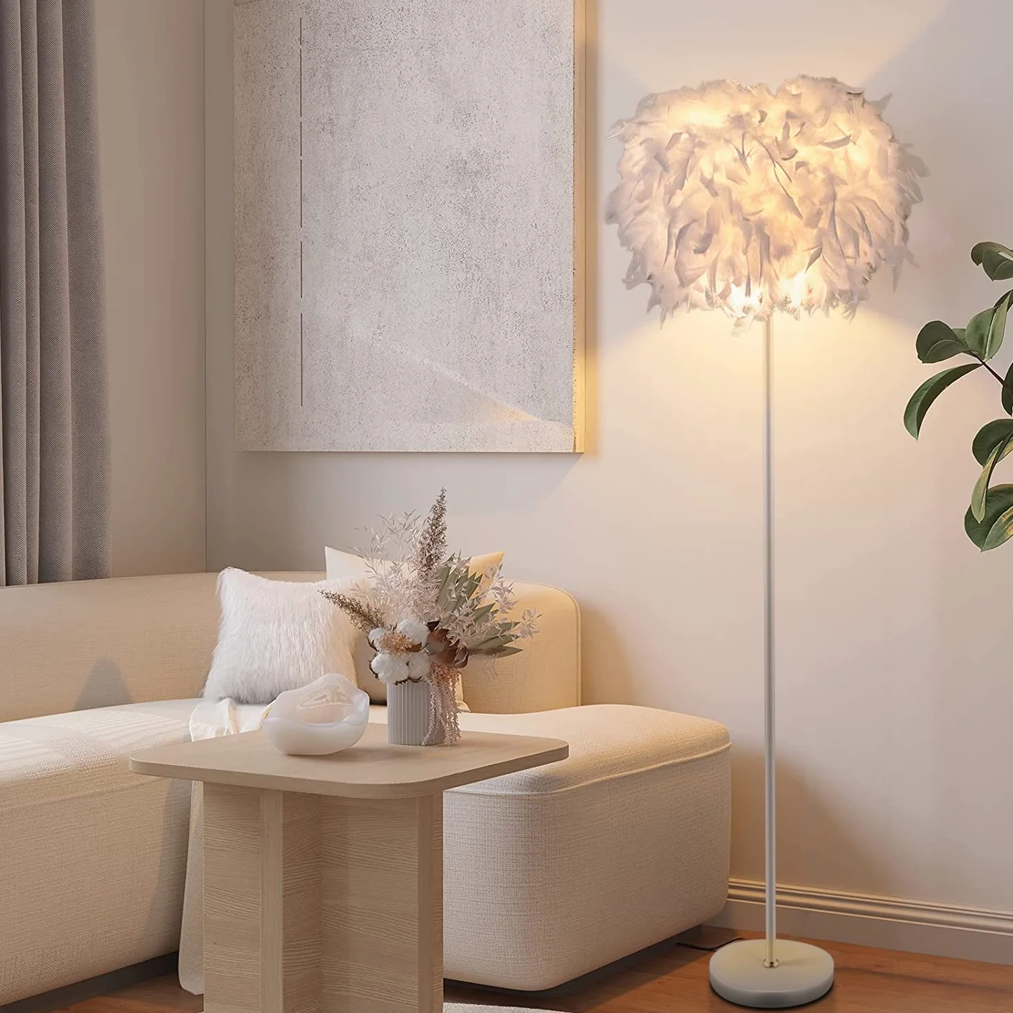 Lampa podłogowa LED z kloszem z piór, dekoracyjna lampa podłogowa do salonu,lampa podłogowa do sypialni w nowoczesnym stylu, słupek lampy DIY,metalowa podstawa z przełącznikiem nożnym