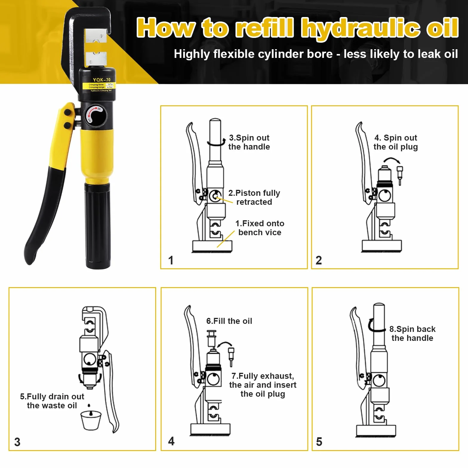 szczypce zaciskowe 10 ton, 4-70 mm², szczypce do tulejek kablowych, szczypce hydrauliczne z 9 parami matryc, szczypce hydrauliczne do zaciskania