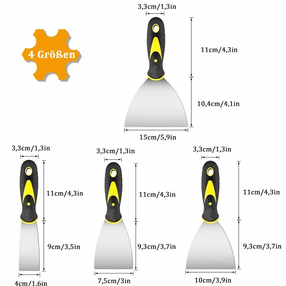 ACONDE 4 szpatułki ze stali nierdzewnej, zestaw 4 szpatułek do szpachli lub skrobania farby, 40 mm, 75 mm, 100 mm, 150 mm