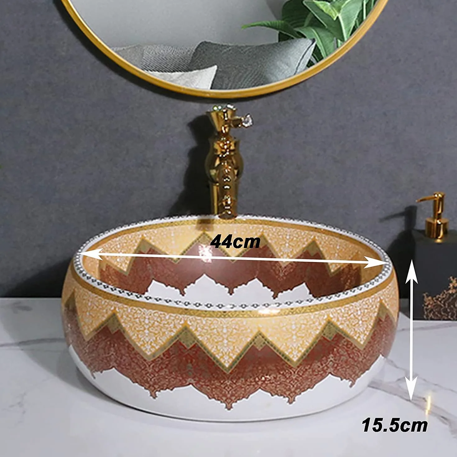 Ceramiczna Umywalka Łazienkowa Okrągła, Umywalka Nablatowa Ceramiczna, Umywalka Biała Z Kranem Pasującym Do Zestawu Odpływowego Do Garderoby, Biało-Brązowa