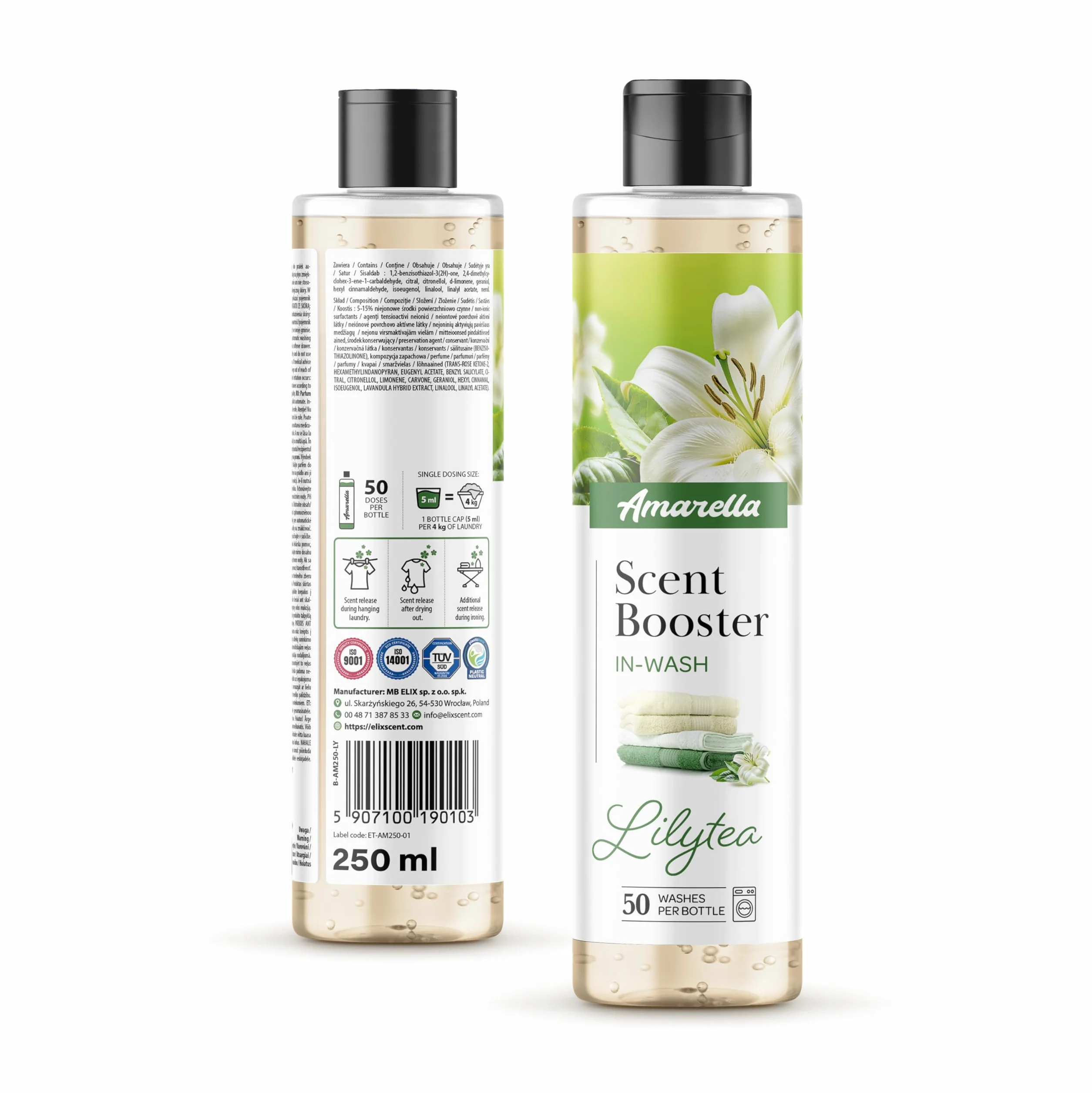 ELIX - AMARELLA Lilytea perfumy do prania, 250 ml, skoncentrowane na ponad 50 cykli prania, długotrwały zapach zielonej herbaty, konwalia, do ubrań i pościeli