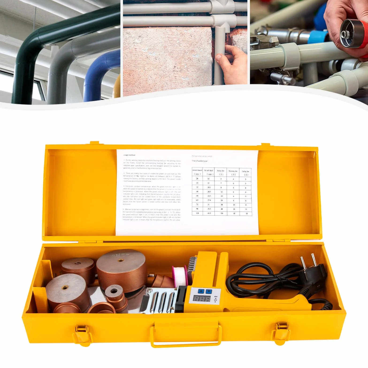 Spawarka do rur 1000 W, elektryczne narzędzie do spawania do spawania PPR, PE, PP, HDPE, PCW, gospodarstwa domowego, warsztatu, na placu budowy, głowice tnące 20-63 mm