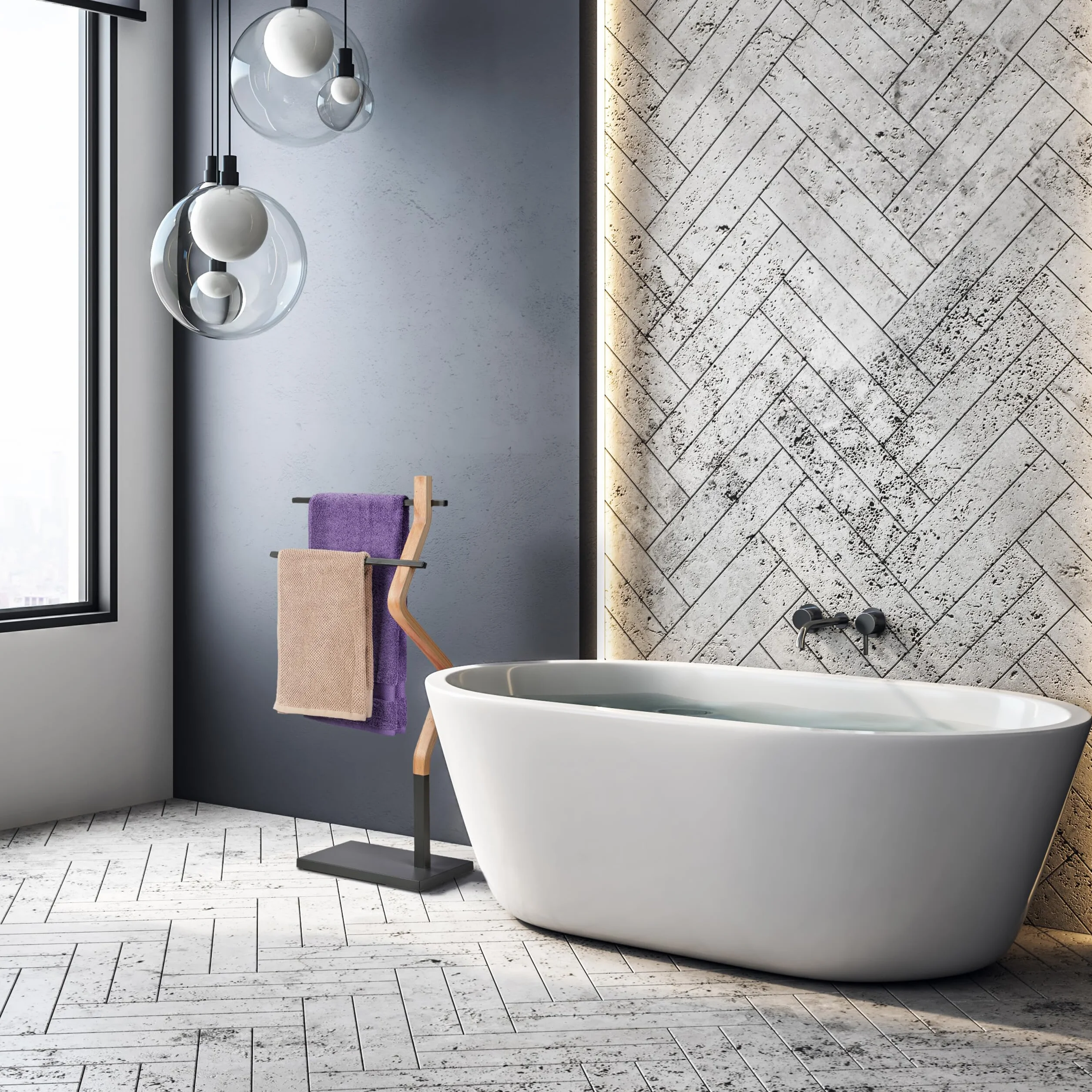 Relaxdays Wieszak na ręczniki wygięty design, 2 metalowe drążki, wys. x szer. x gł.: 85 x 43,5 x 20 cm, stojak łazienkowy, stal i MDF, naturalny/szary